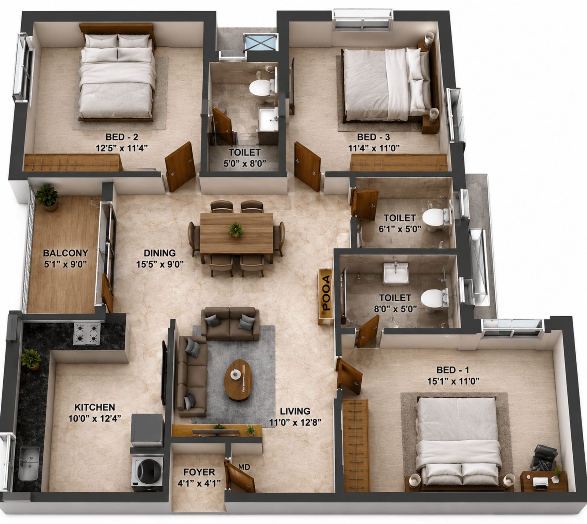 3 BHK Apartment Floor Plan – DAC Prospera
