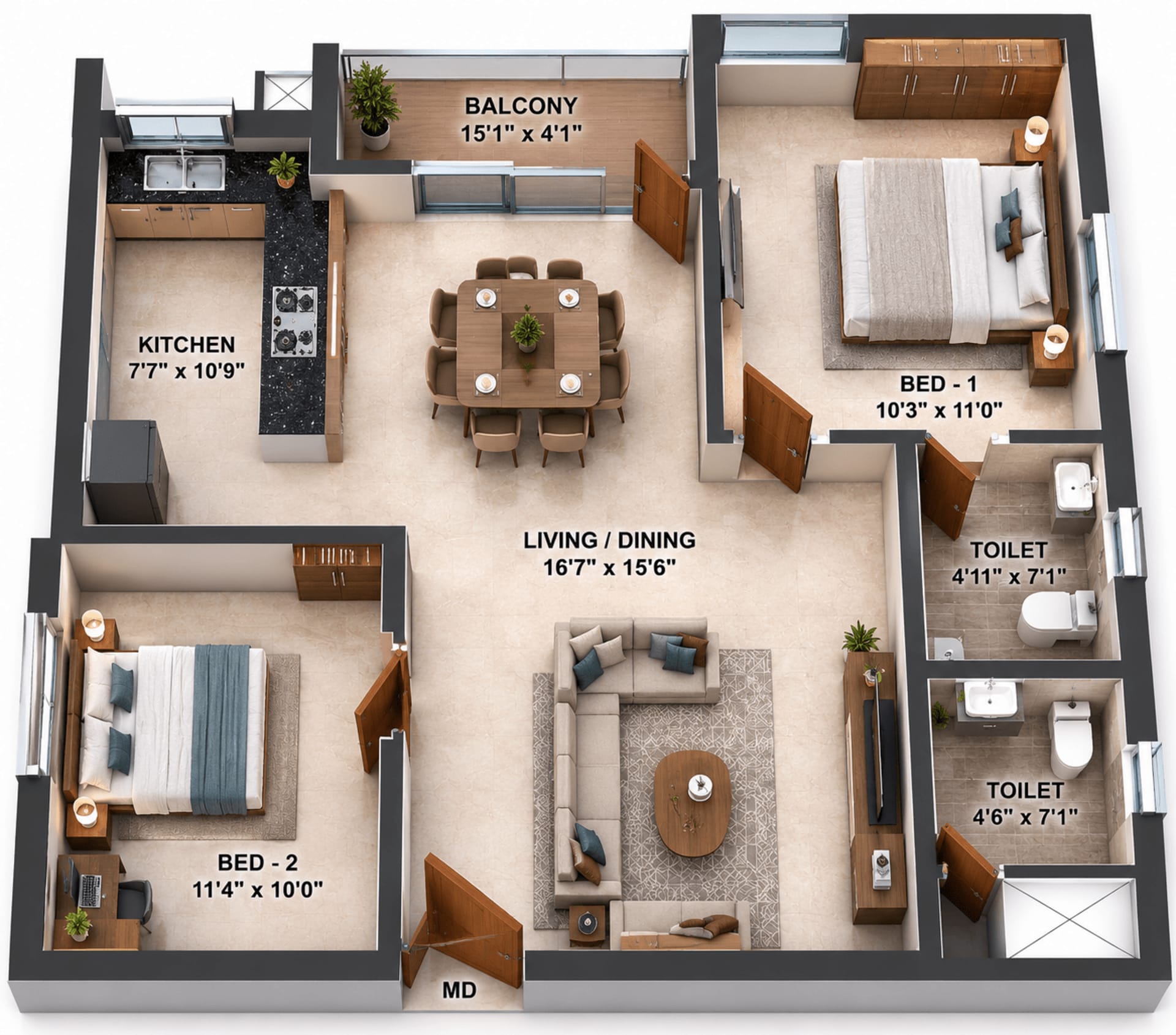 2 BHK Apartment Floor Plan – DAC Prospera