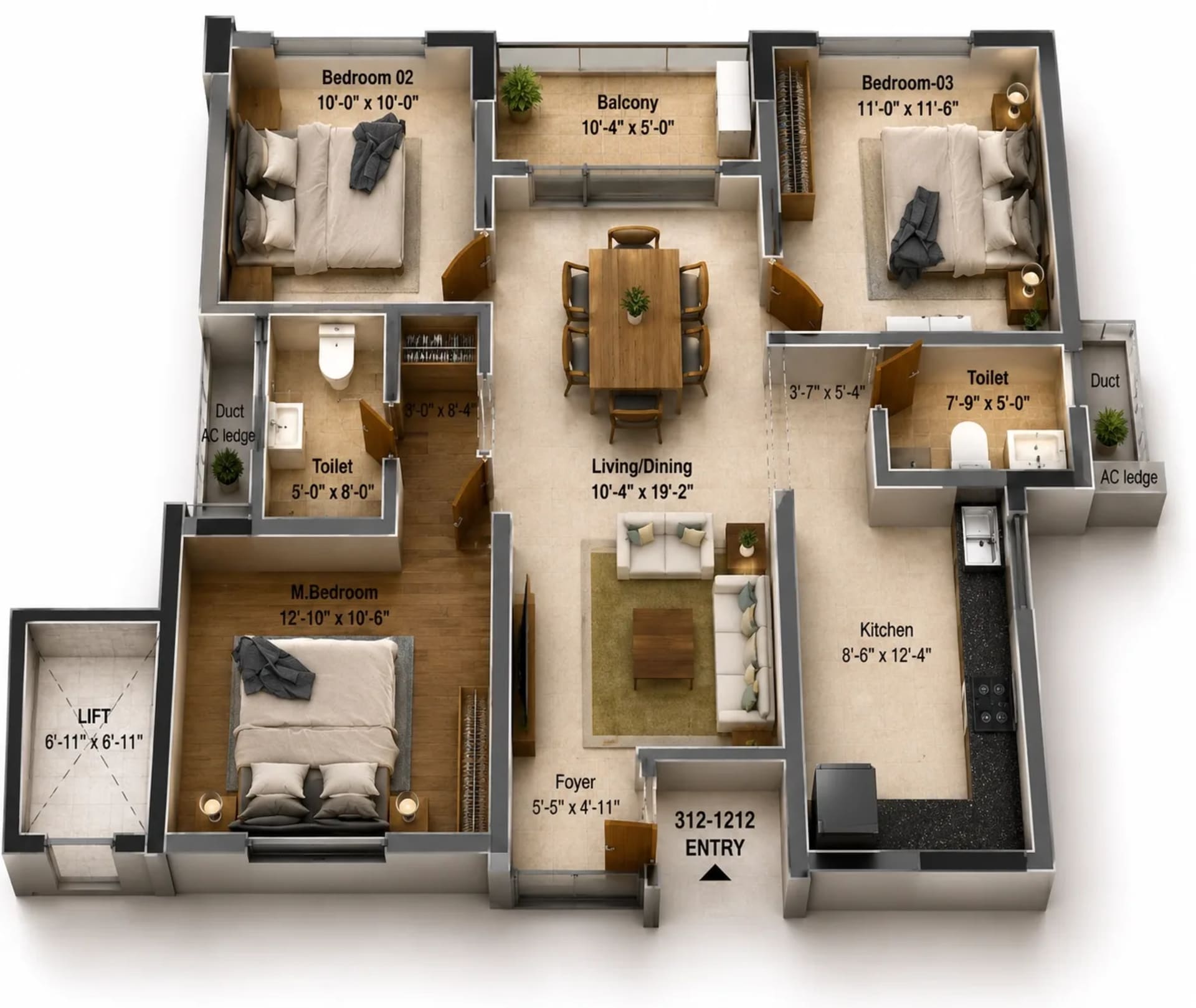3 BHK Apartment Floor Plan – DRA Astra