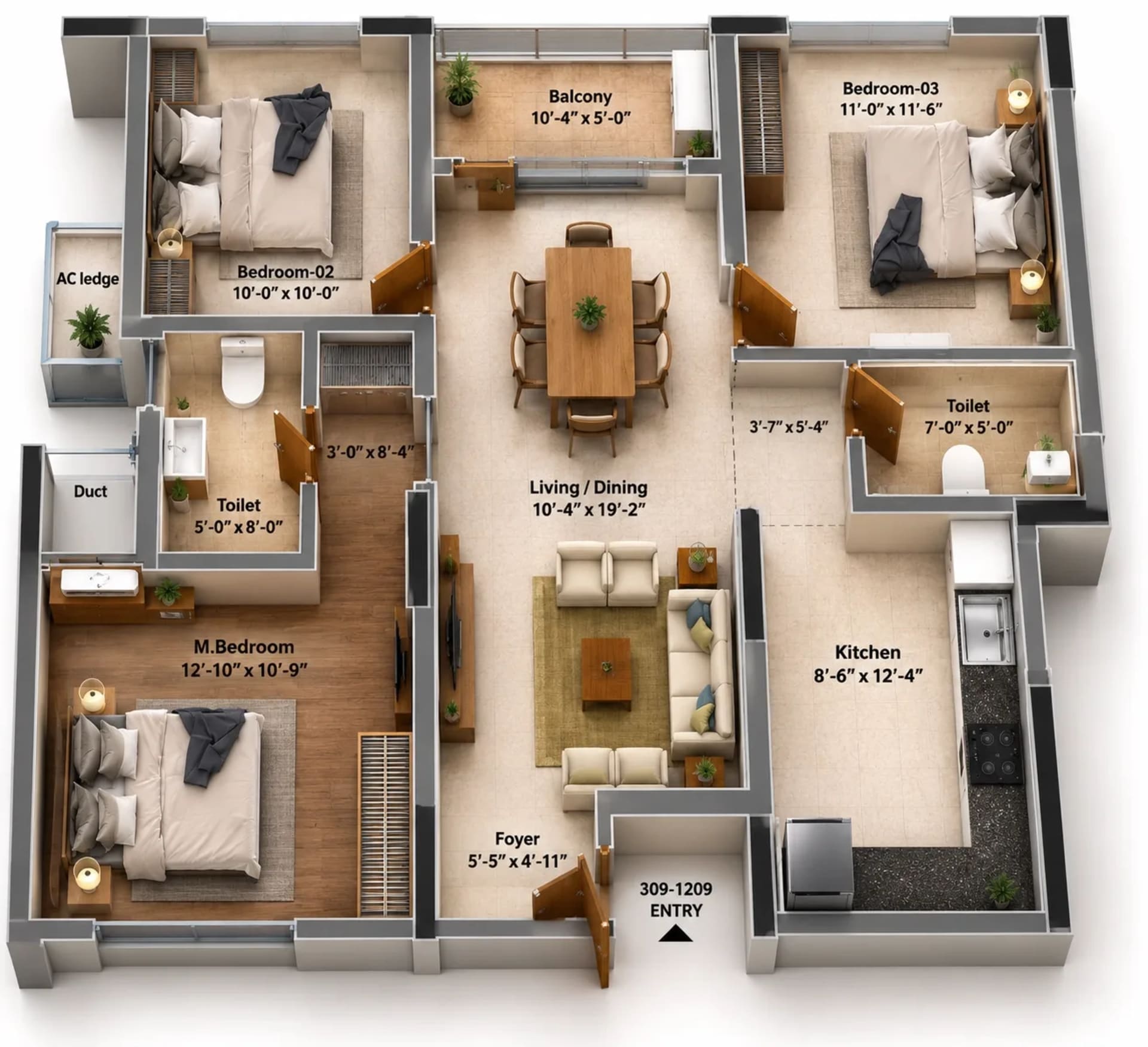 3 BHK Apartment Floor Plan – DRA Astra