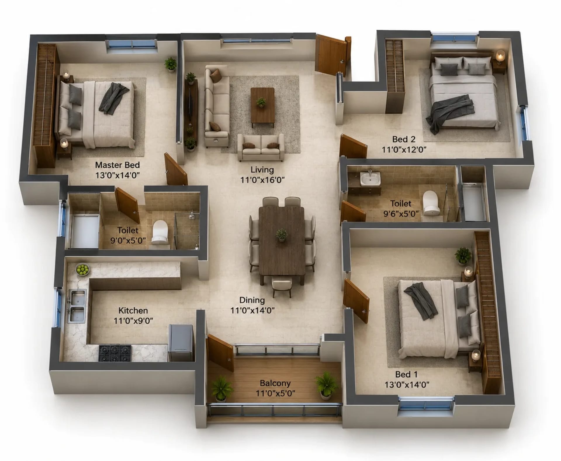 3 BHK Apartment Floor Plan – DRA Beena Clover