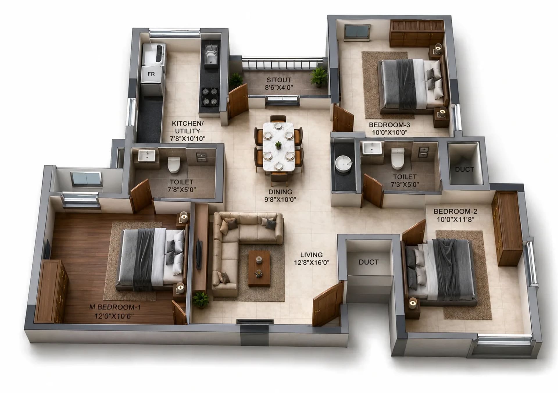 3 BHK Apartment Floor Plan – DRA Trinity