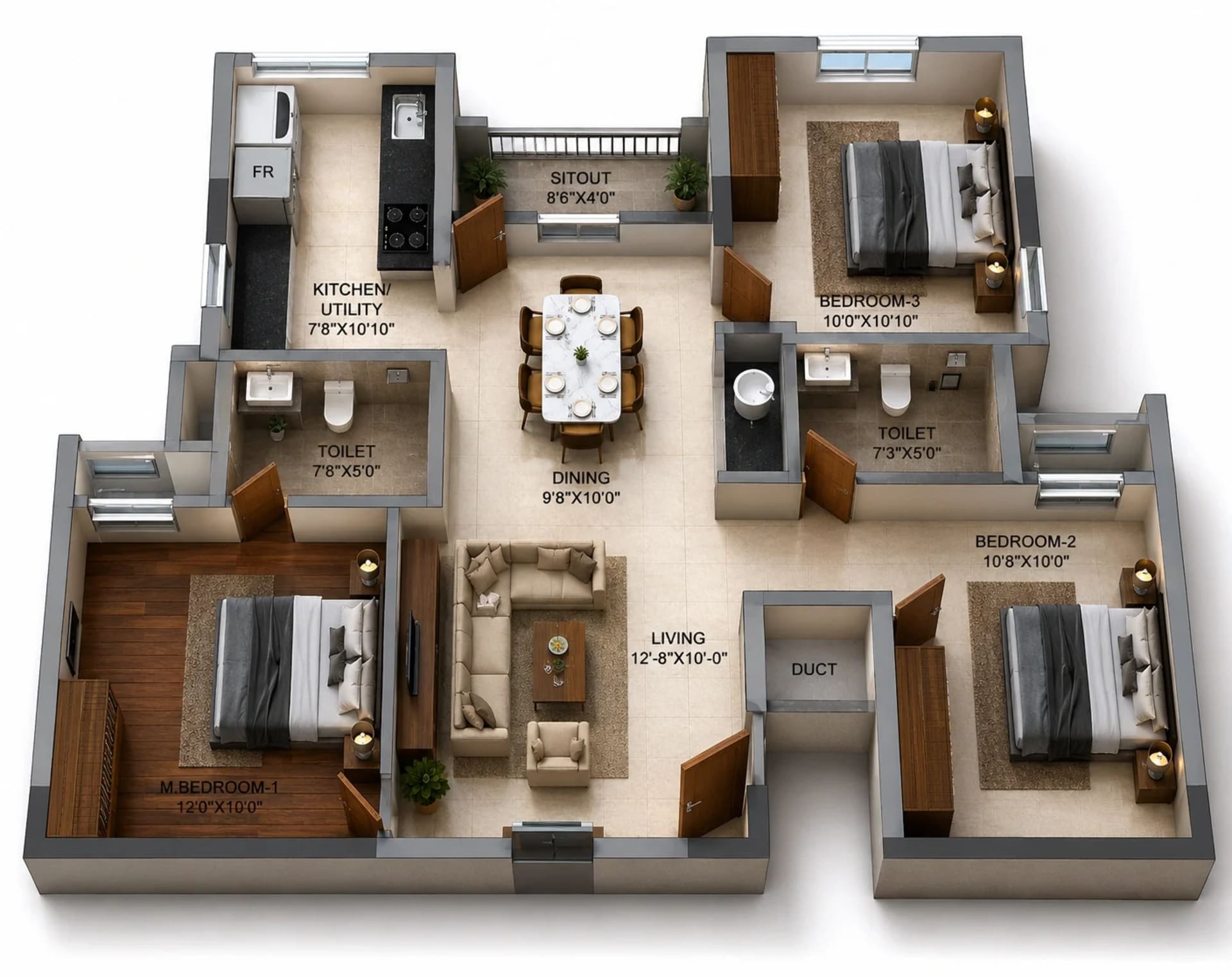 3 BHK Apartment Floor Plan – DRA Trinity