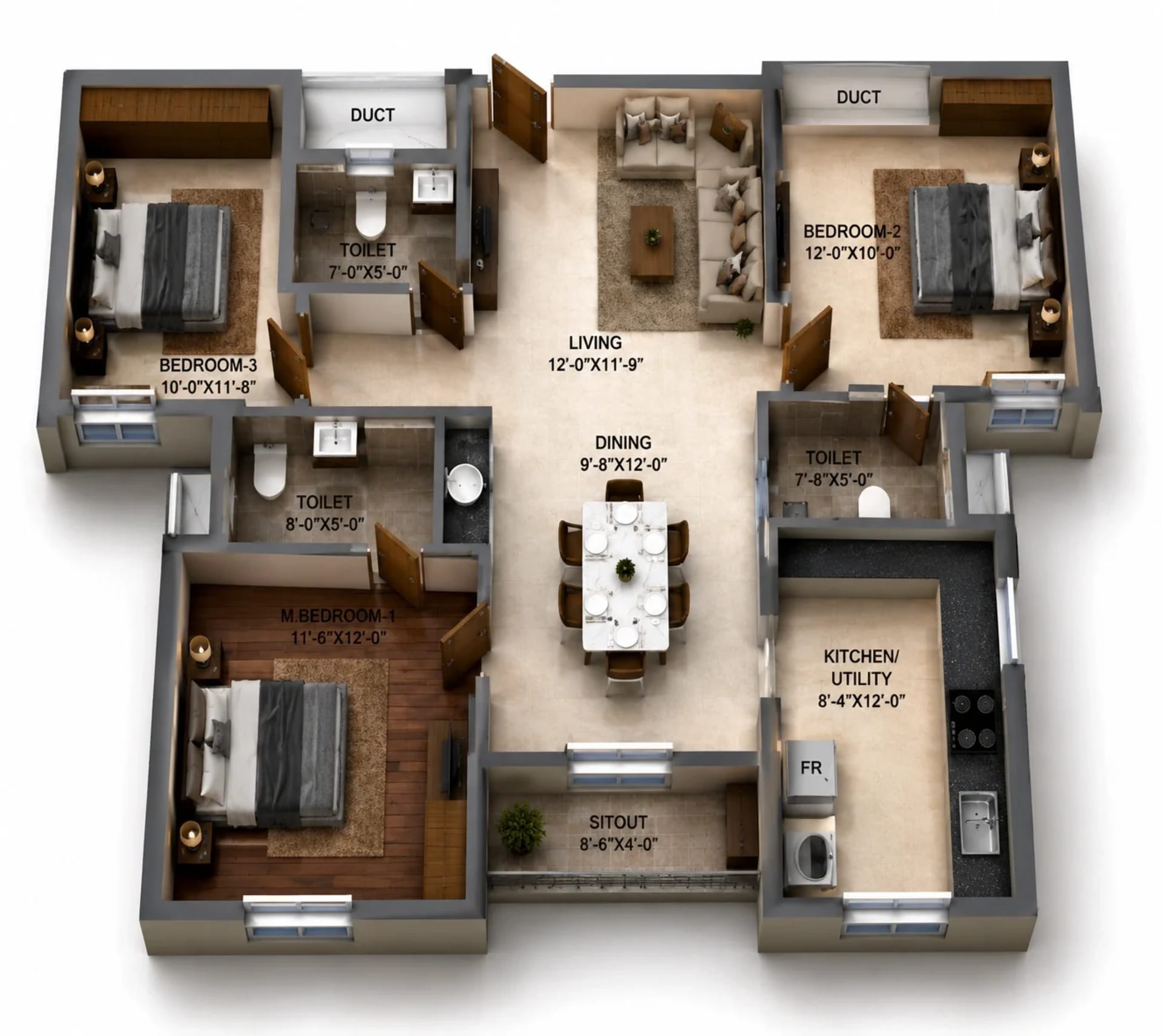 3 BHK Apartment Floor Plan – DRA Trinity