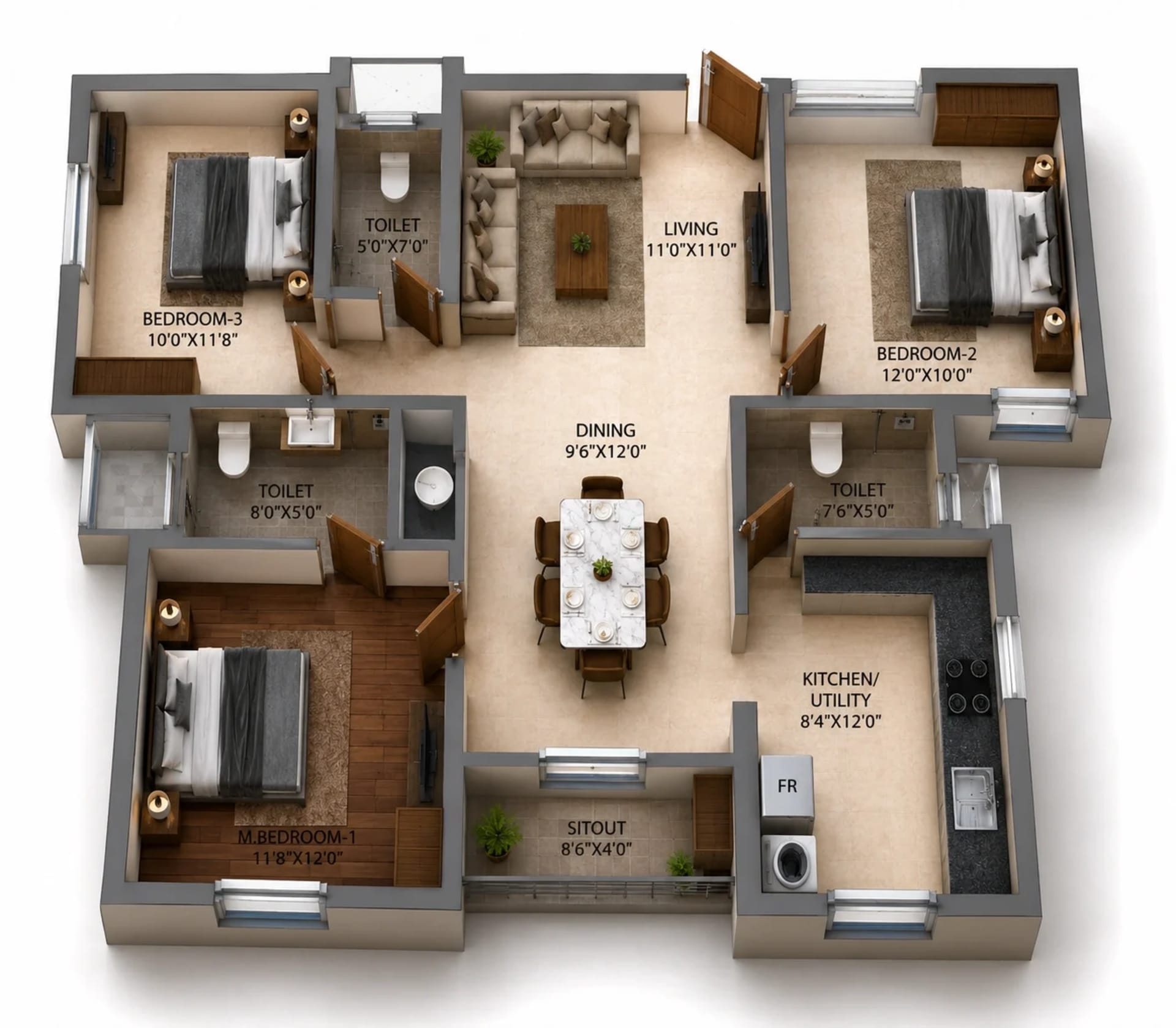 3 BHK Apartment Floor Plan – DRA Trinity