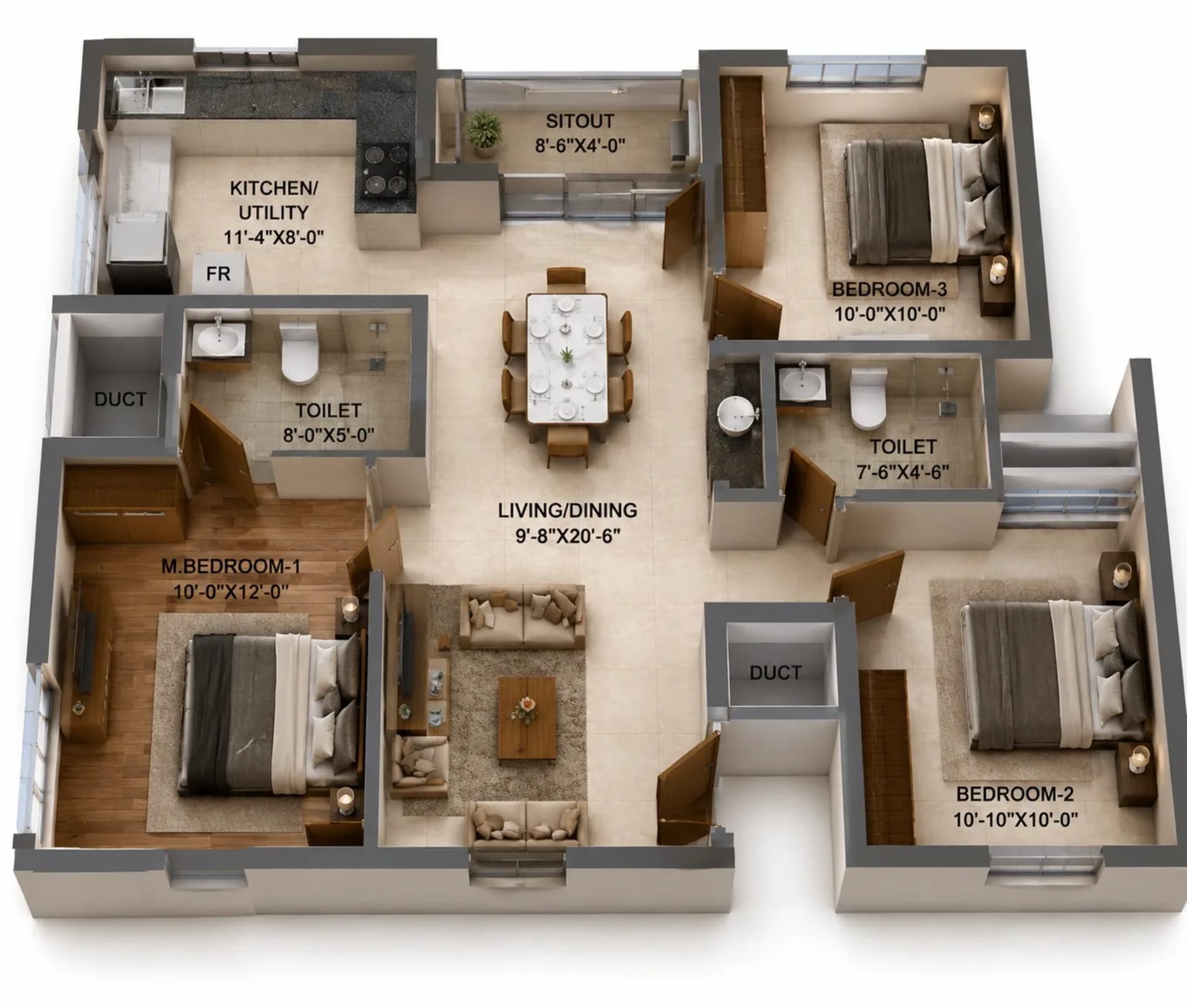 3 BHK Apartment Floor Plan – DRA Trinity