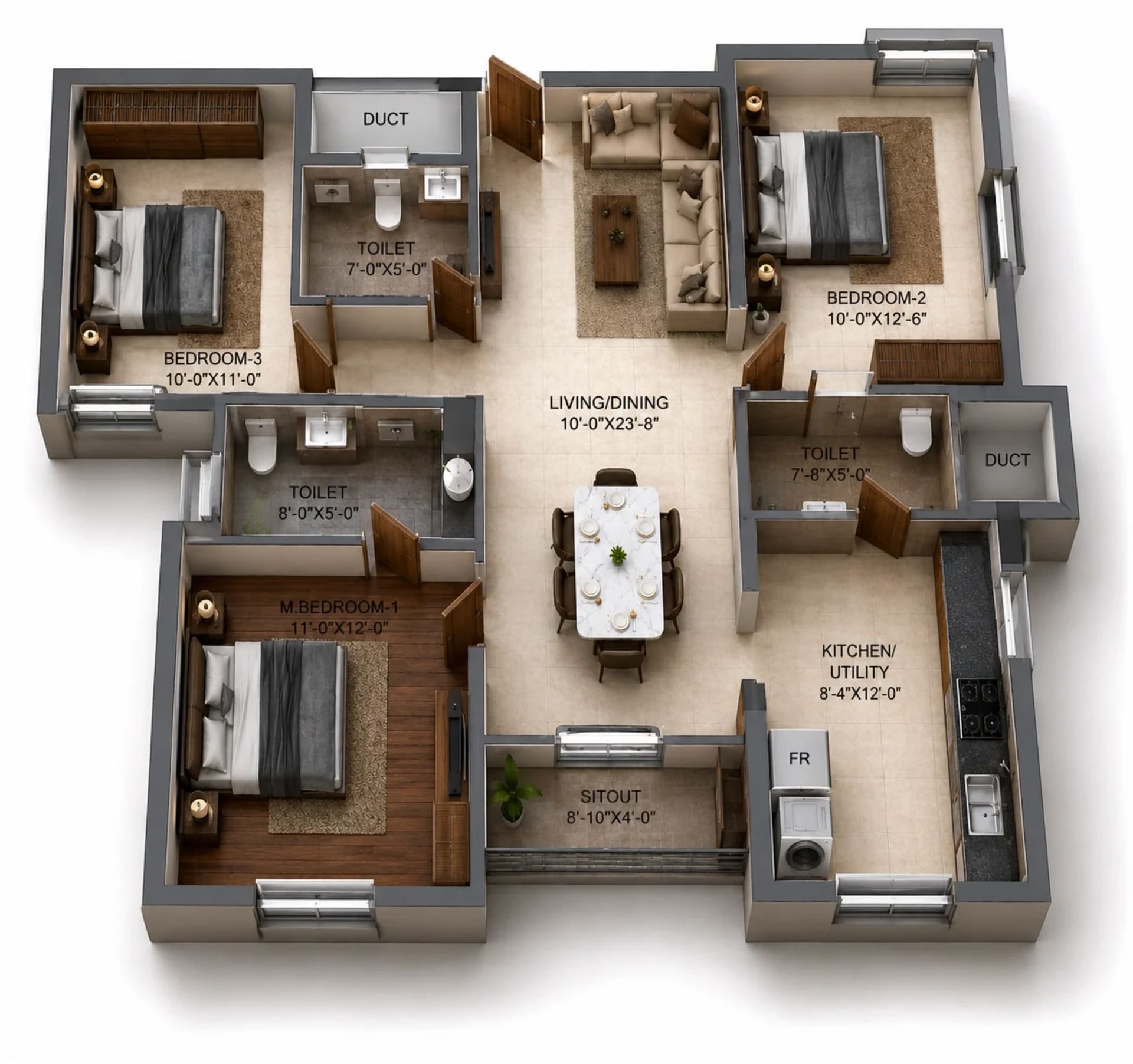 3 BHK Apartment Floor Plan – DRA Trinity