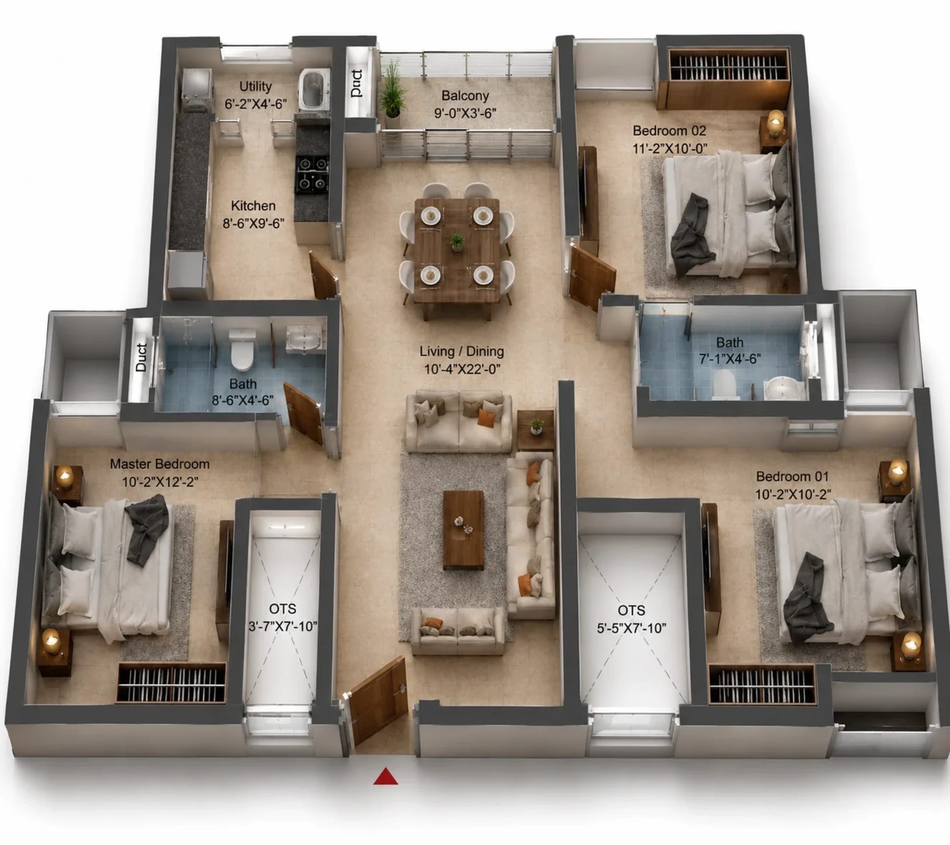 3 BHK Apartment Floor Plan – DRA Harmony