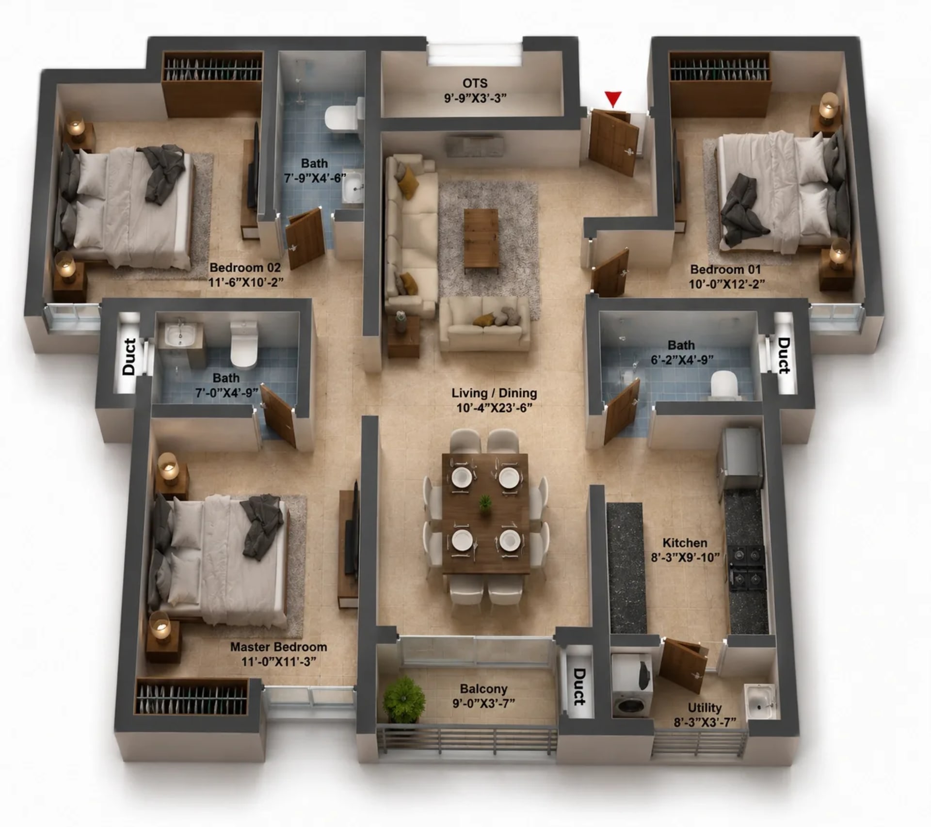 3 BHK Apartment Floor Plan – DRA Harmony