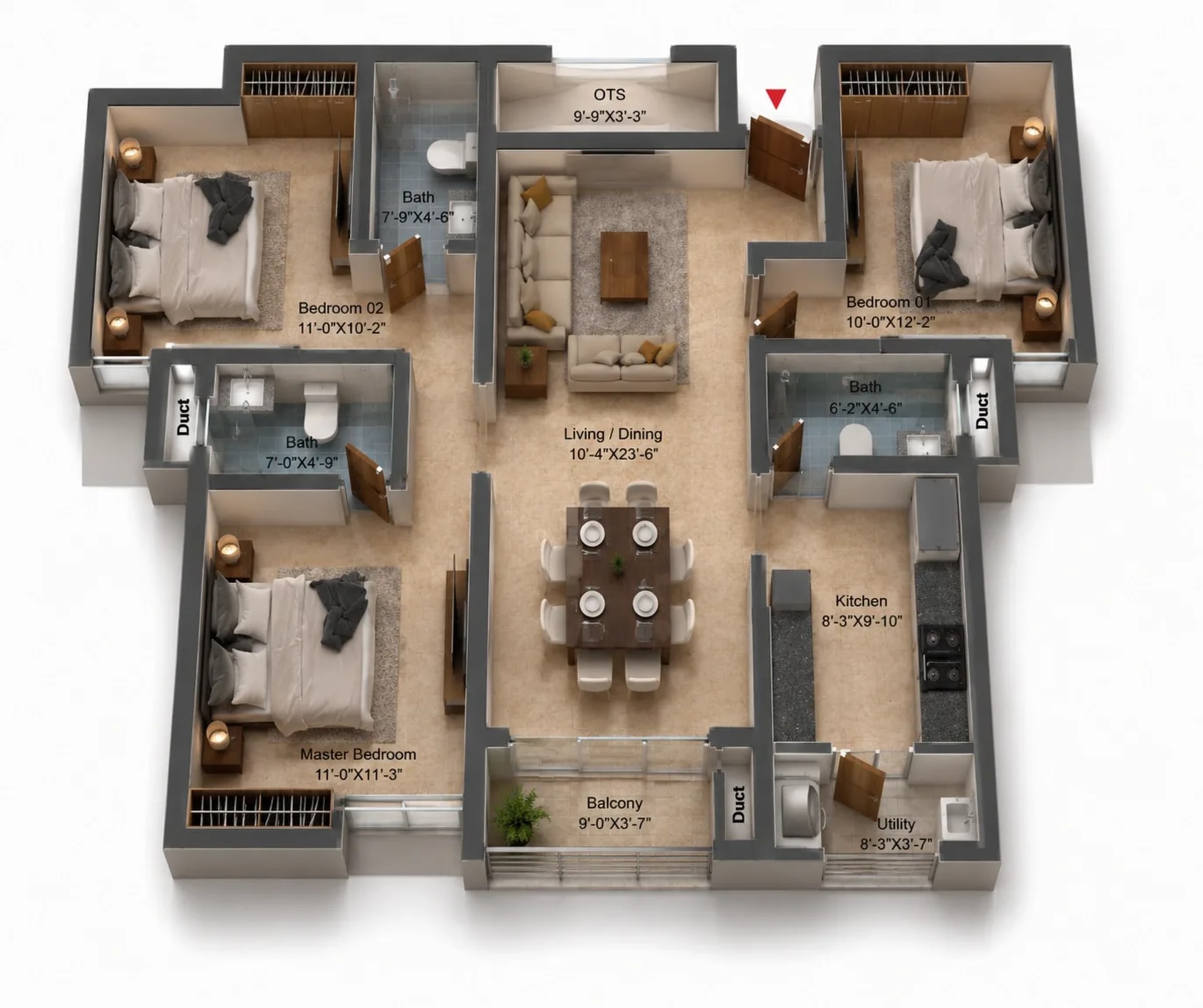 3 BHK Apartment Floor Plan – DRA Harmony