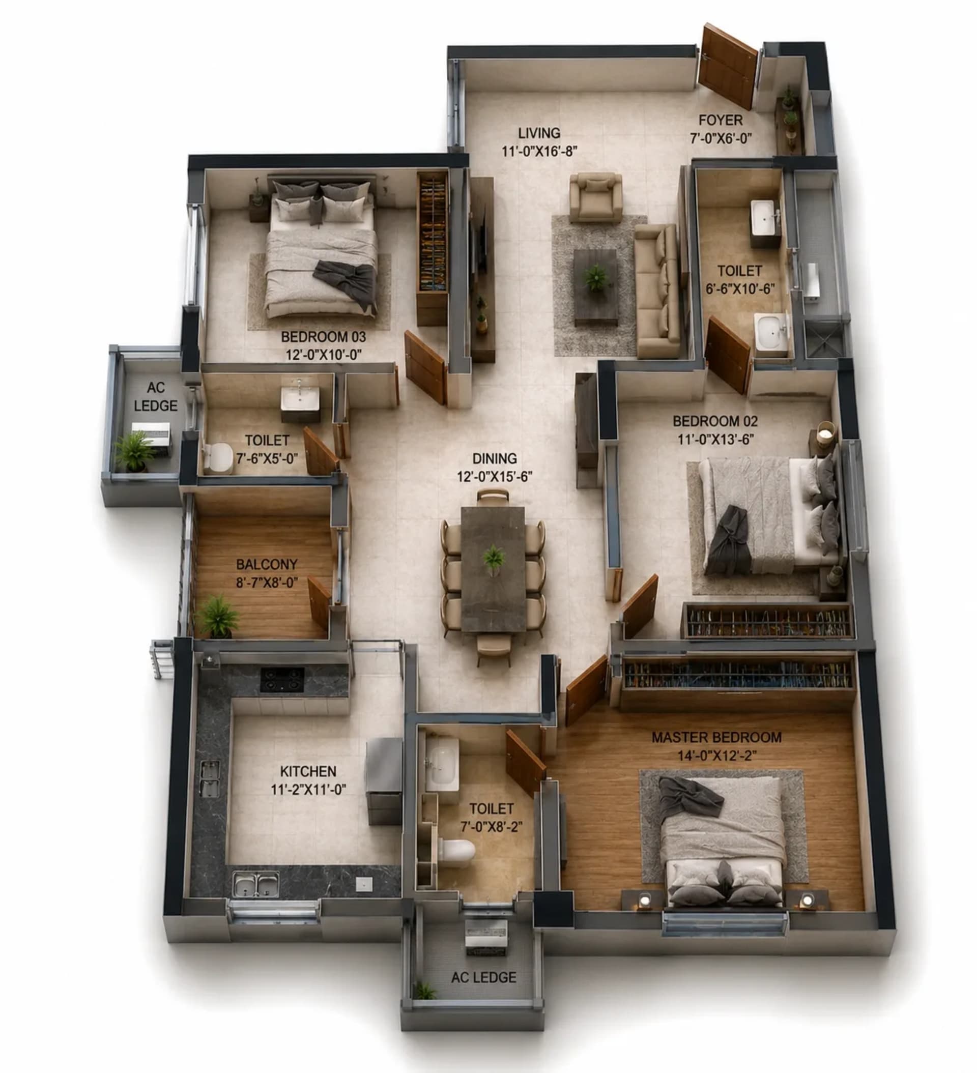 3 BHK Apartment Floor Plan – DRA Marina 100