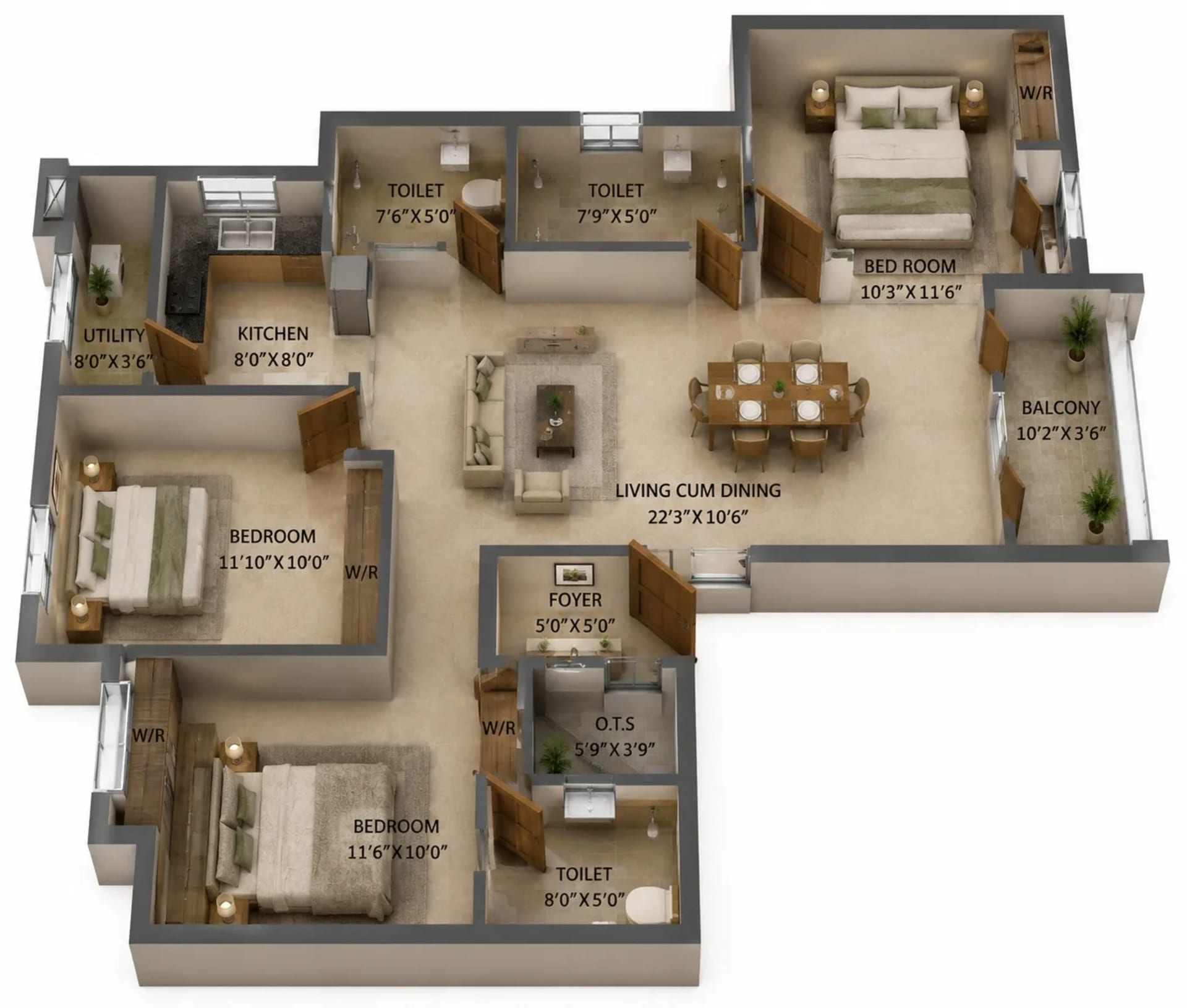3 BHK Apartment Floor Plan – Malles Adhika