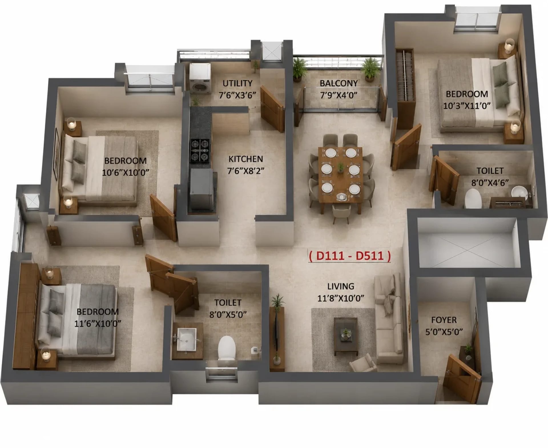 3 BHK Apartment Floor Plan – Malles Adhika