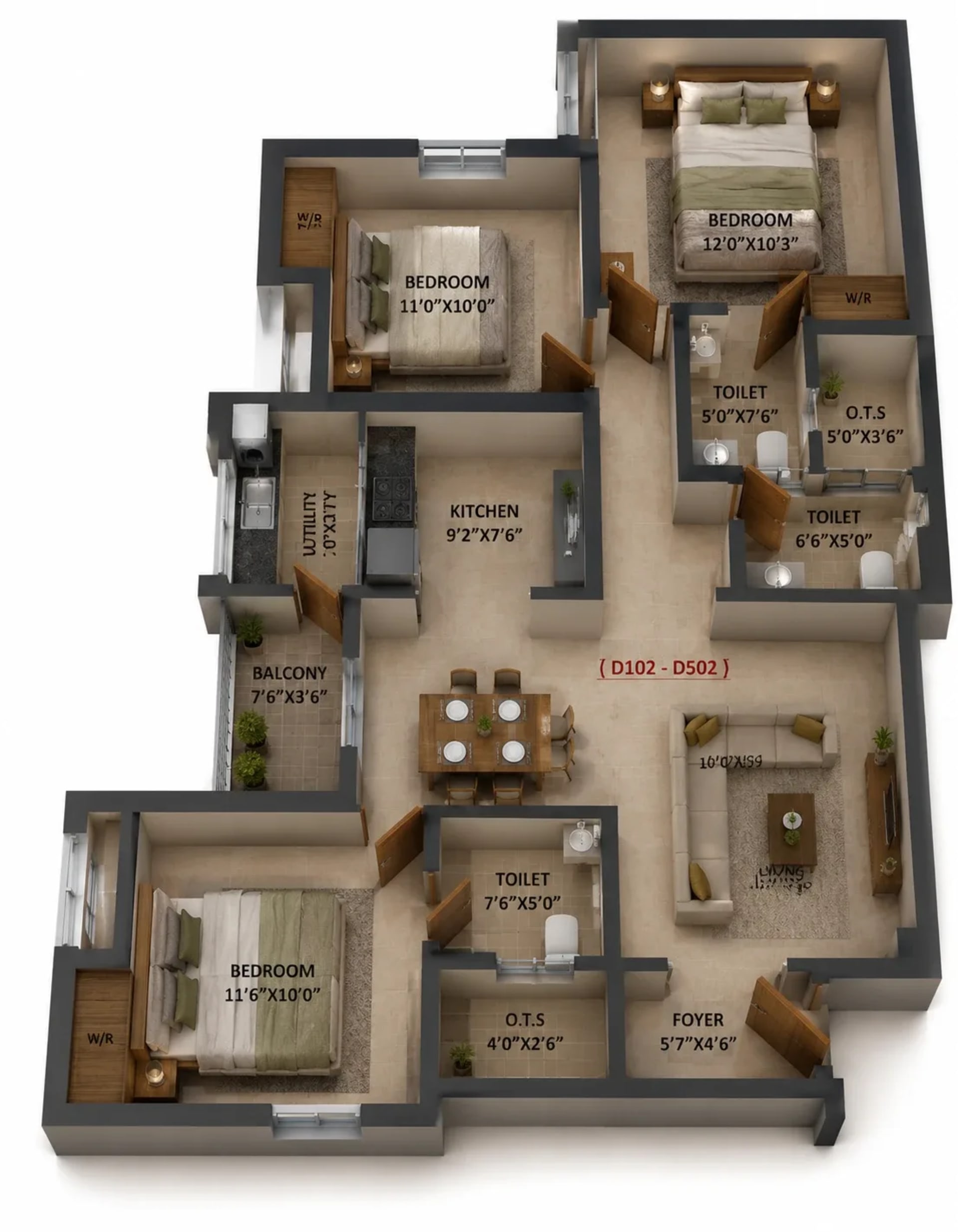 3 BHK Apartment Floor Plan – Malles Adhika