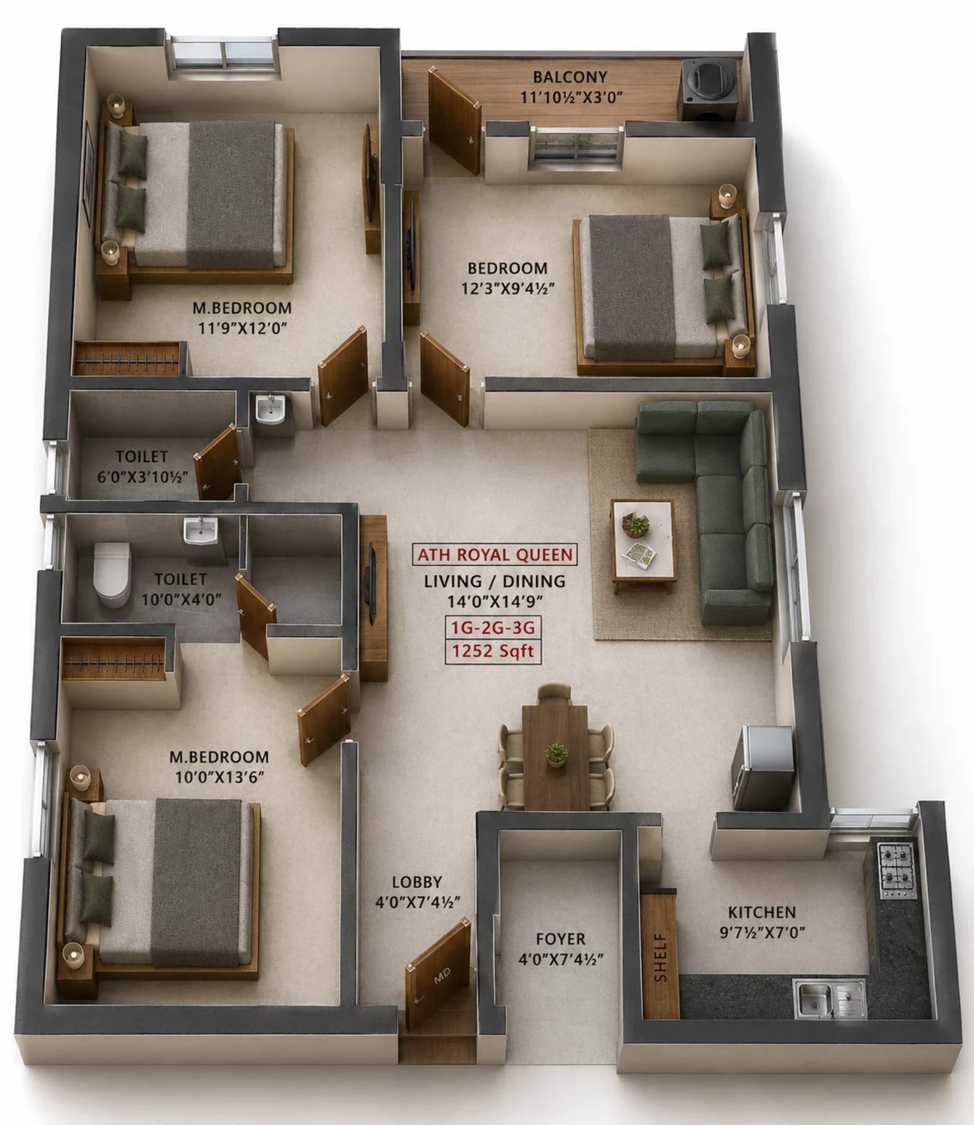 3 BHK Apartment Floor Plan – ATH Royal Queen