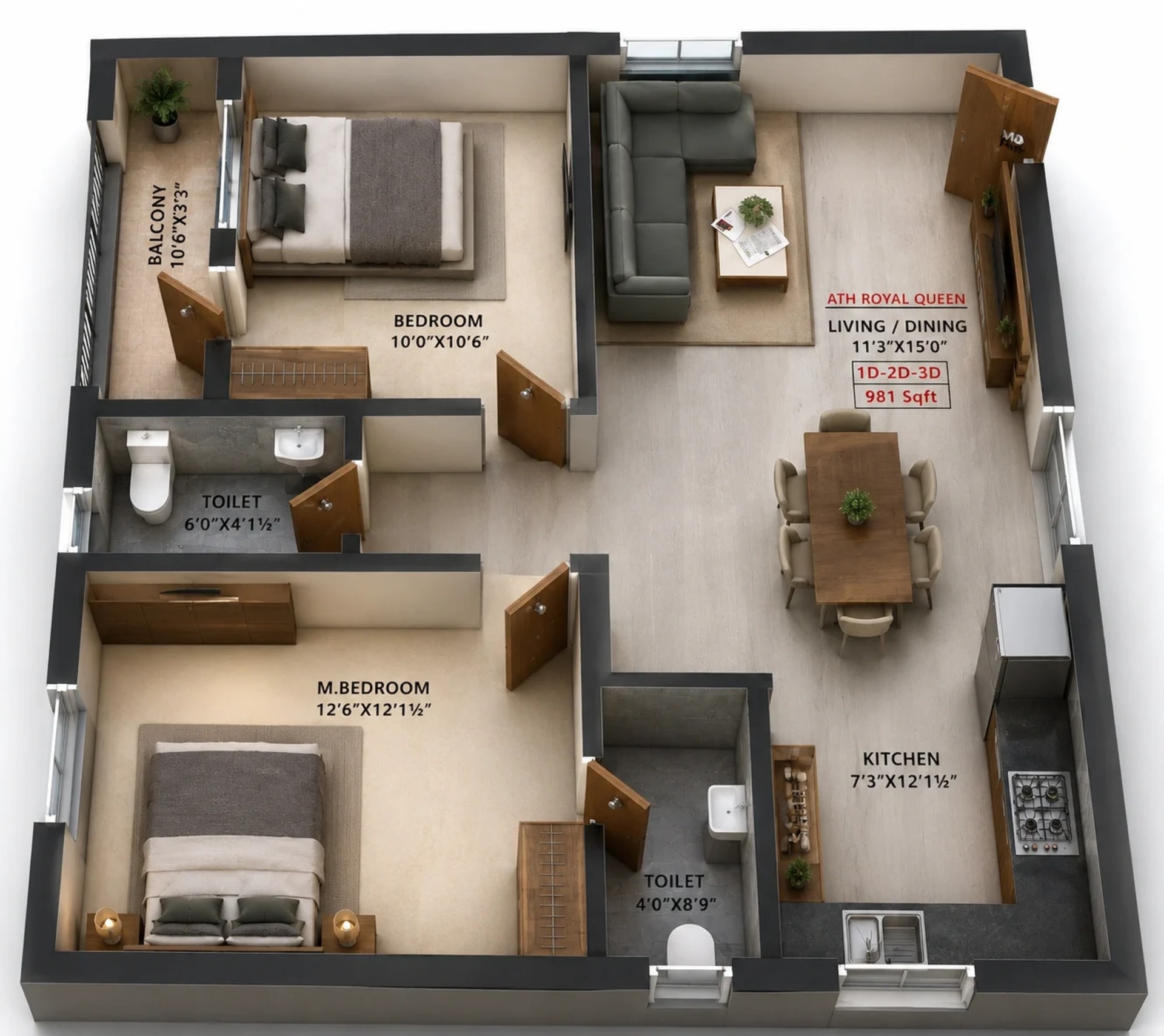 2 BHK Apartment Floor Plan – ATH Royal Queen