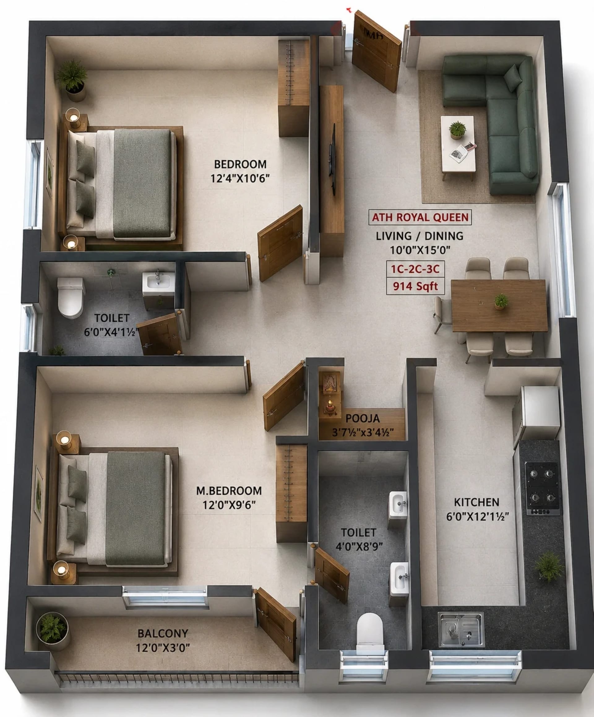 2 BHK Apartment Floor Plan – ATH Royal Queen