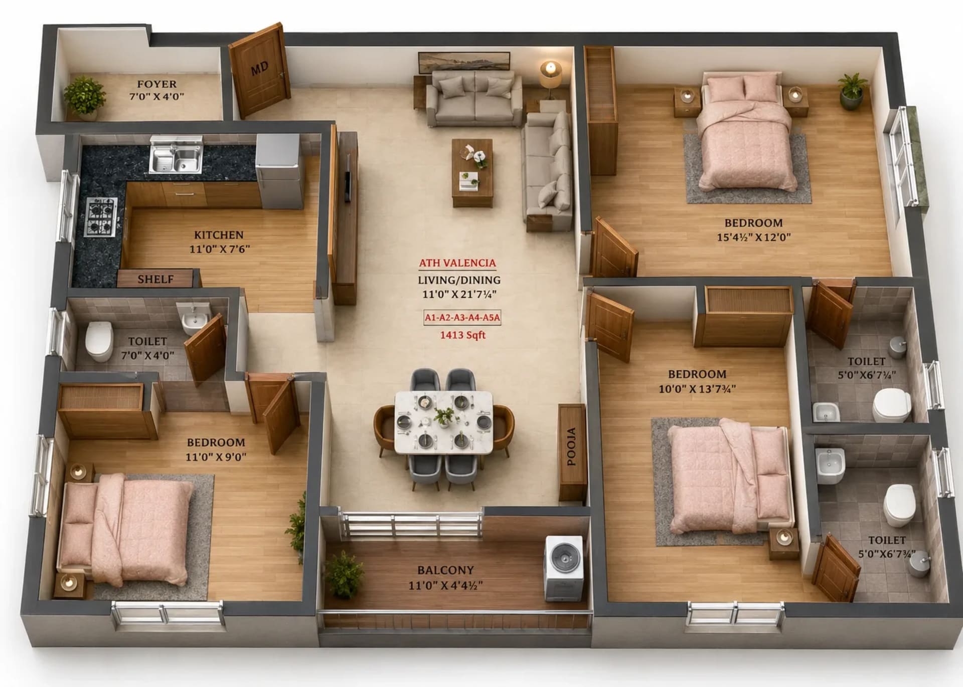 3 BHK Apartment Floor Plan – ATH Valencia