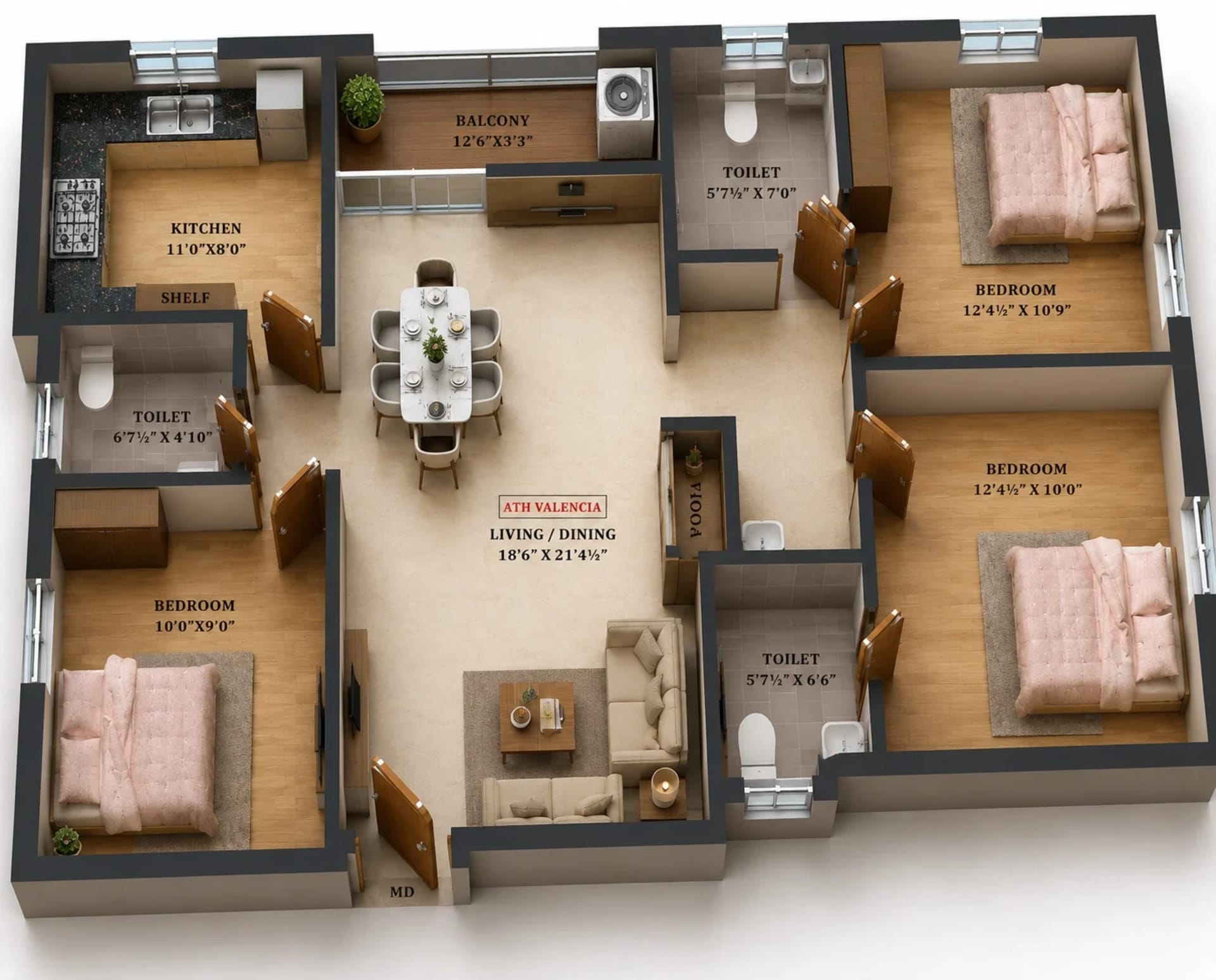 3 BHK Apartment Floor Plan – ATH Valencia