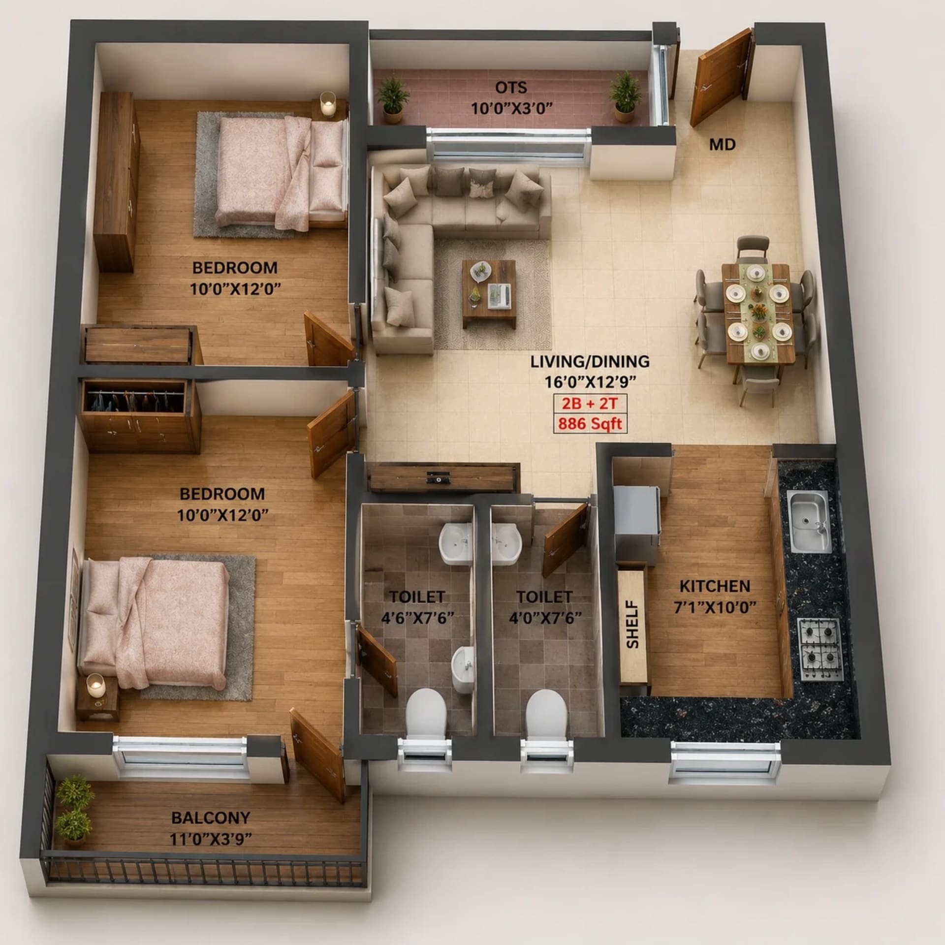 2 BHK Apartment Floor Plan – ATH Classic