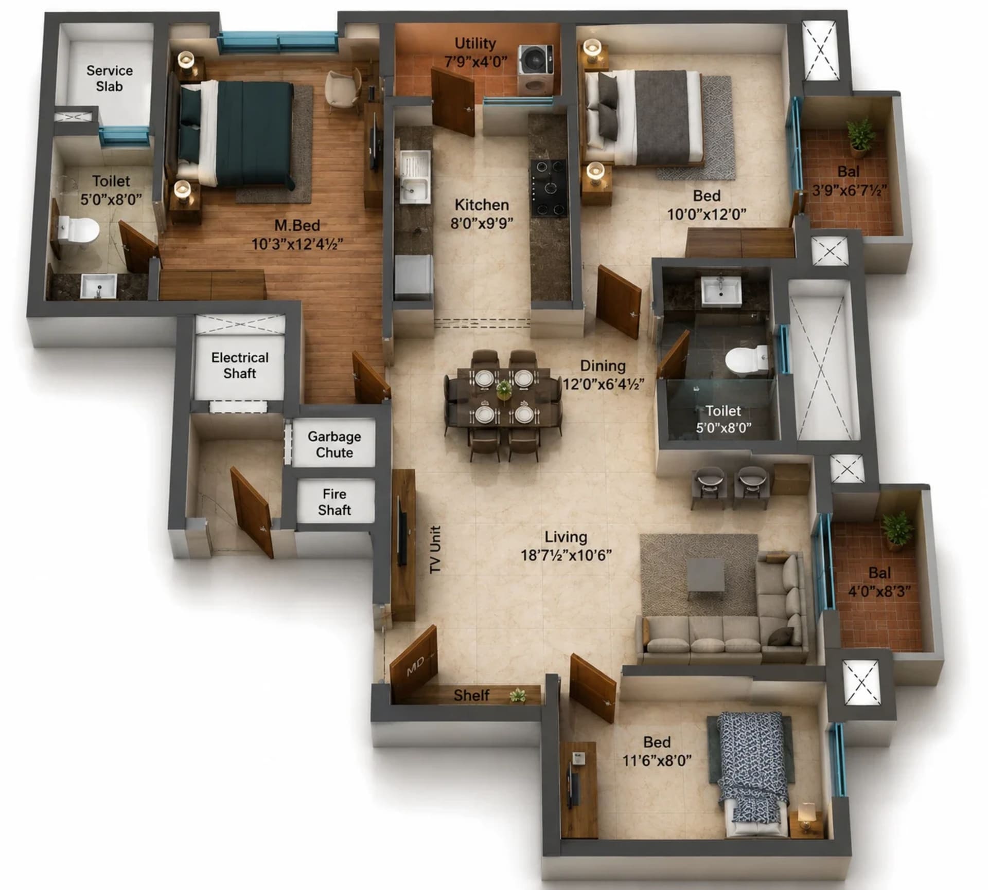 3 BHK Apartment Floor Plan – SIS Florence