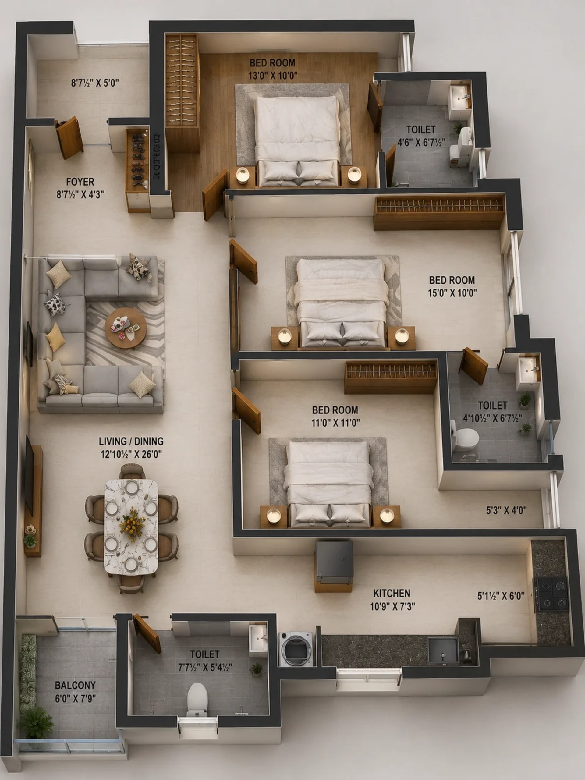 3 BHK Apartment Floor Plan – Harmony Mahalakshmi