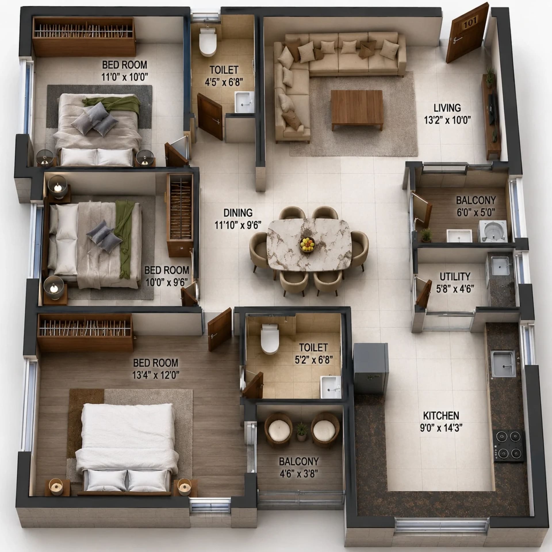 3 BHK Apartment Floor Plan – Harmony Navrang