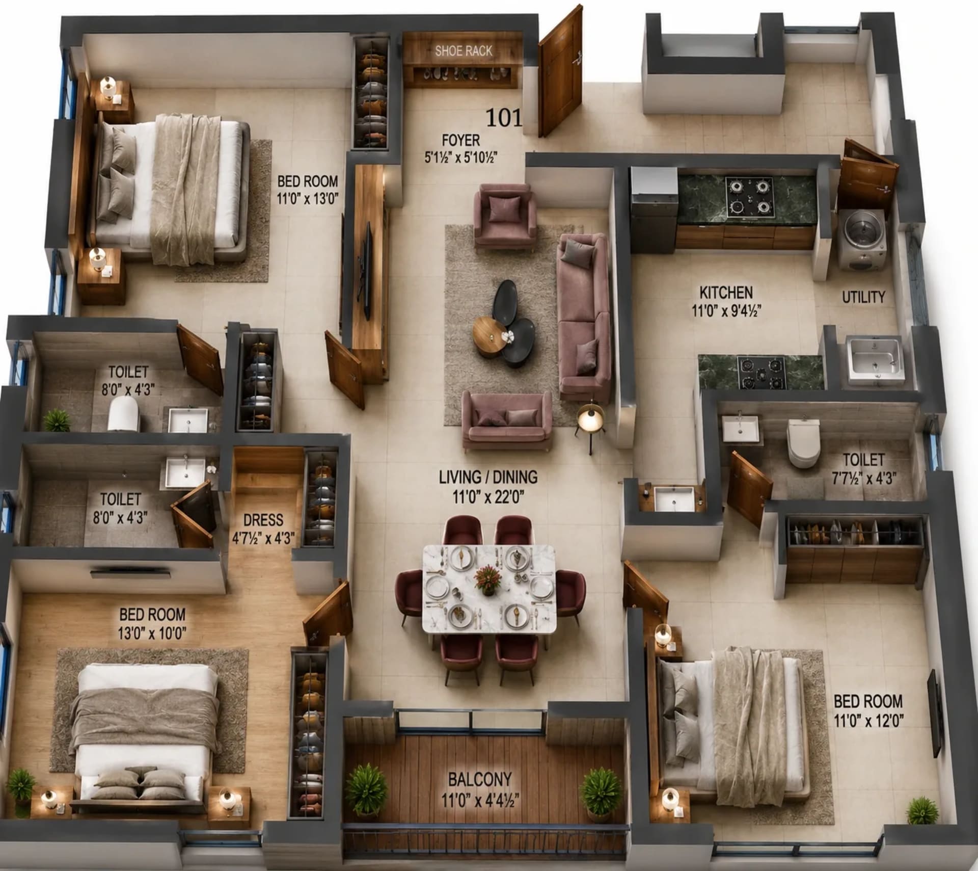 3 BHK Apartment Floor Plan – Harmony Vruksha