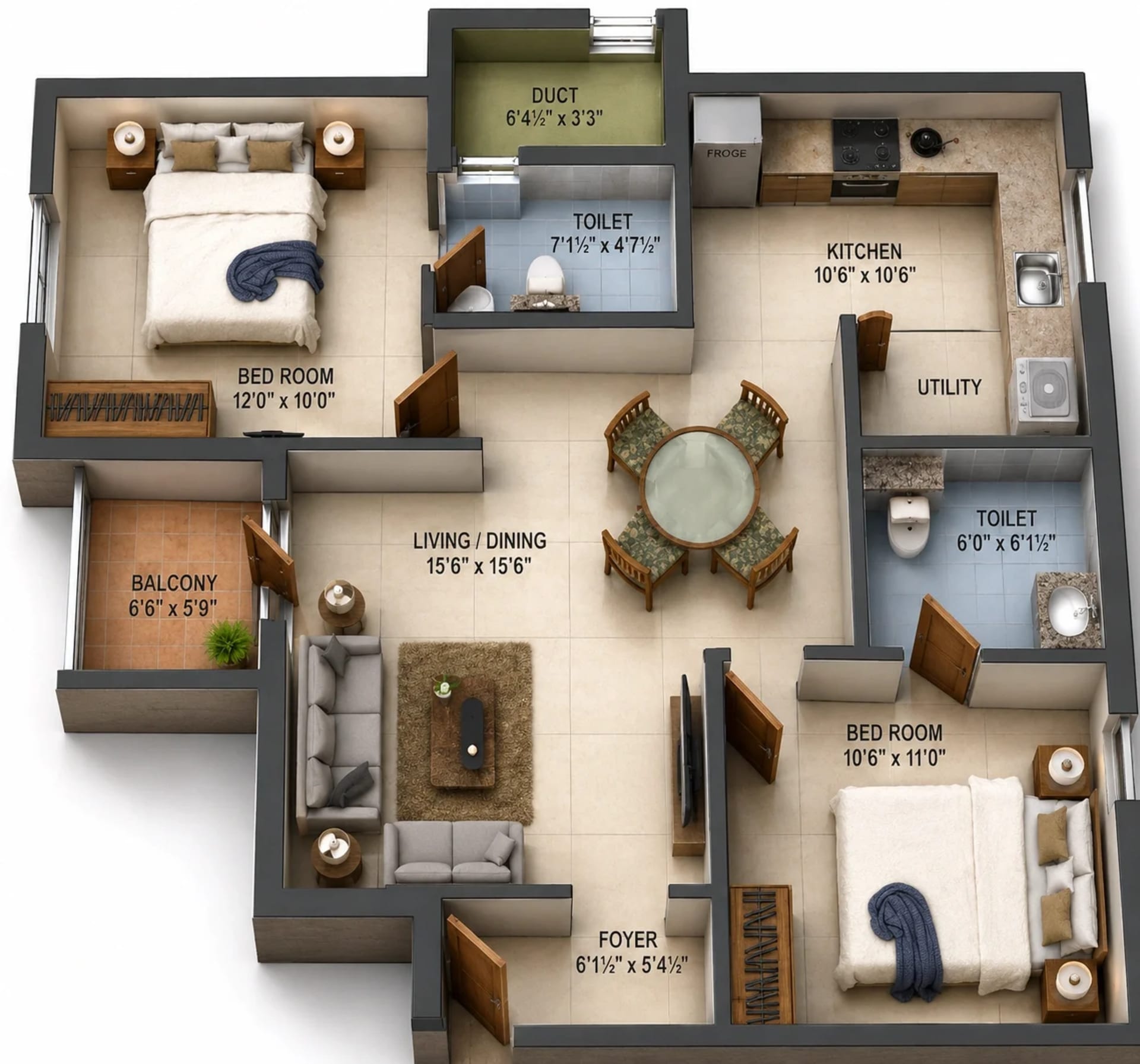 2 BHK Apartment Floor Plan – Harmony Blossoms