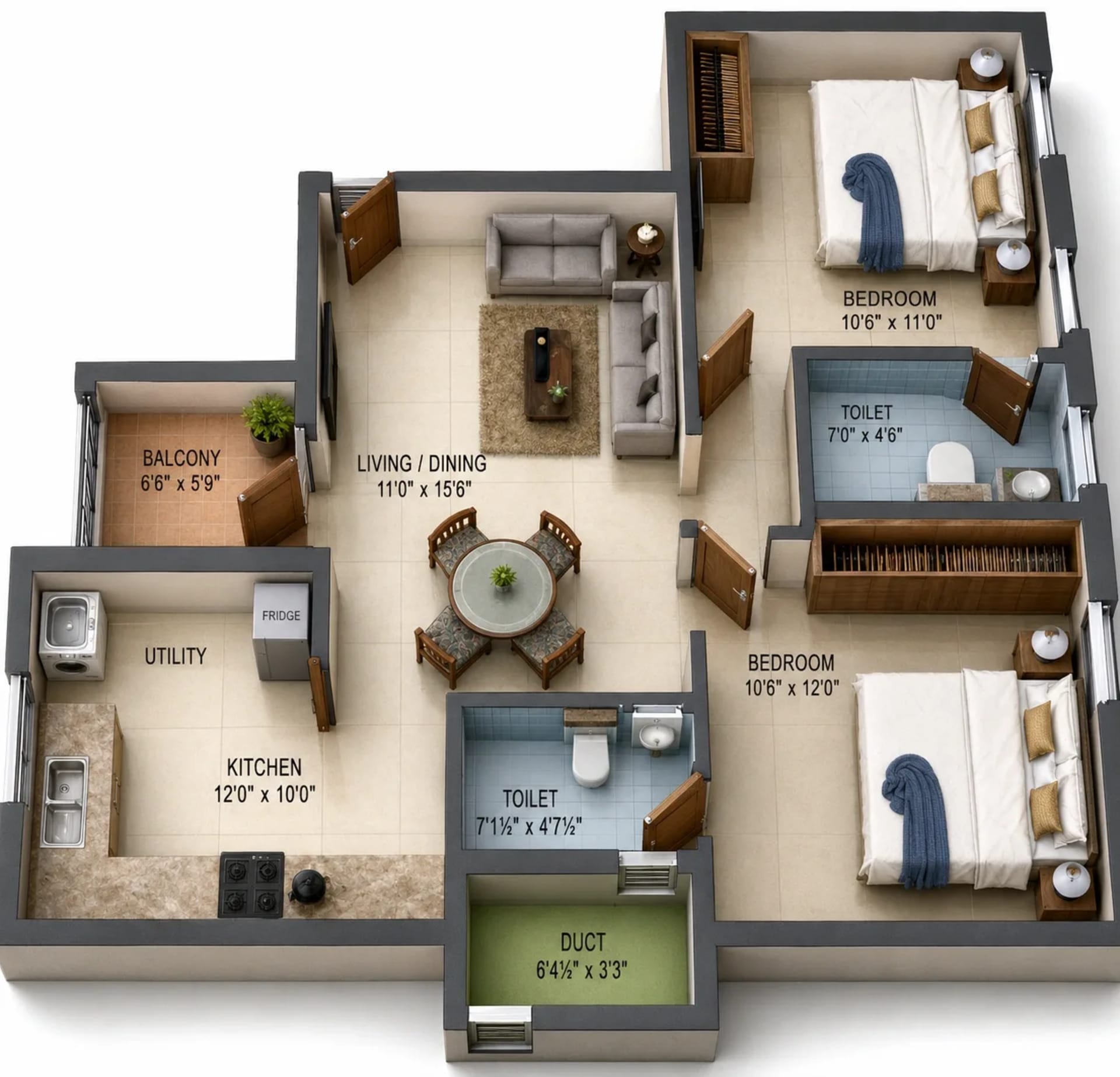 2 BHK Apartment Floor Plan – Harmony Blossoms