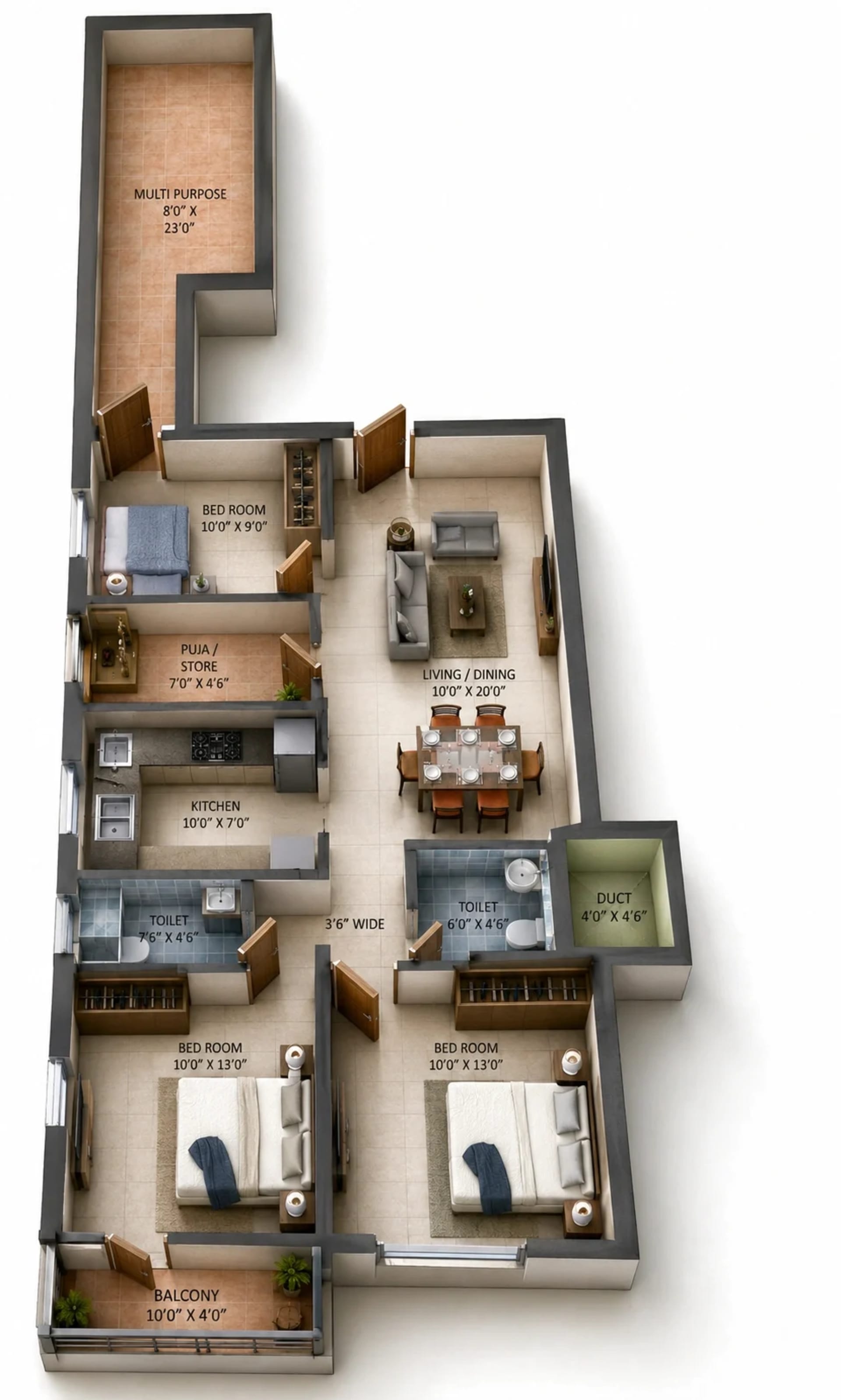3 BHK Apartment Floor Plan – Harmony Blossoms