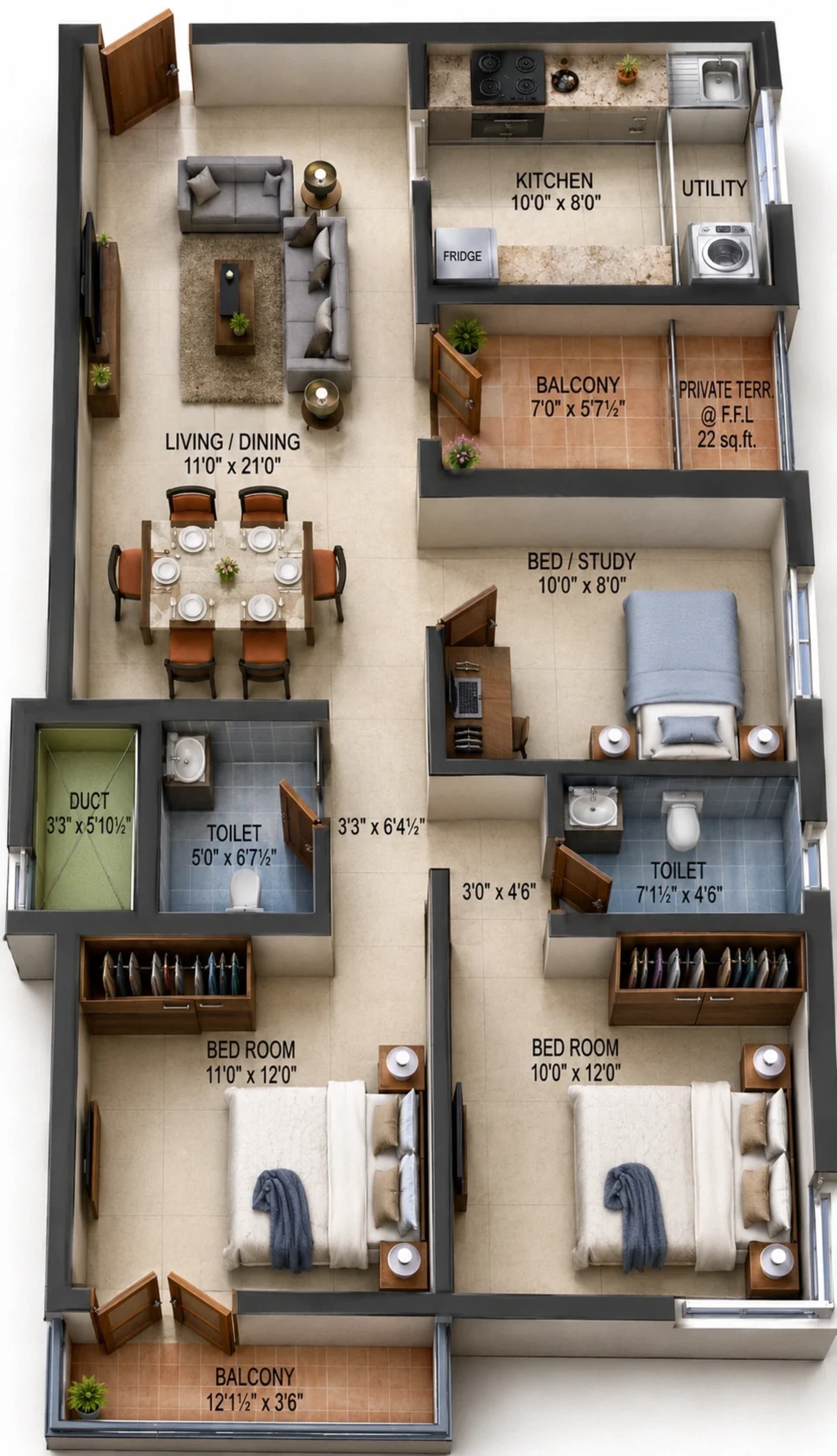 3 BHK Apartment Floor Plan – Harmony Blossoms