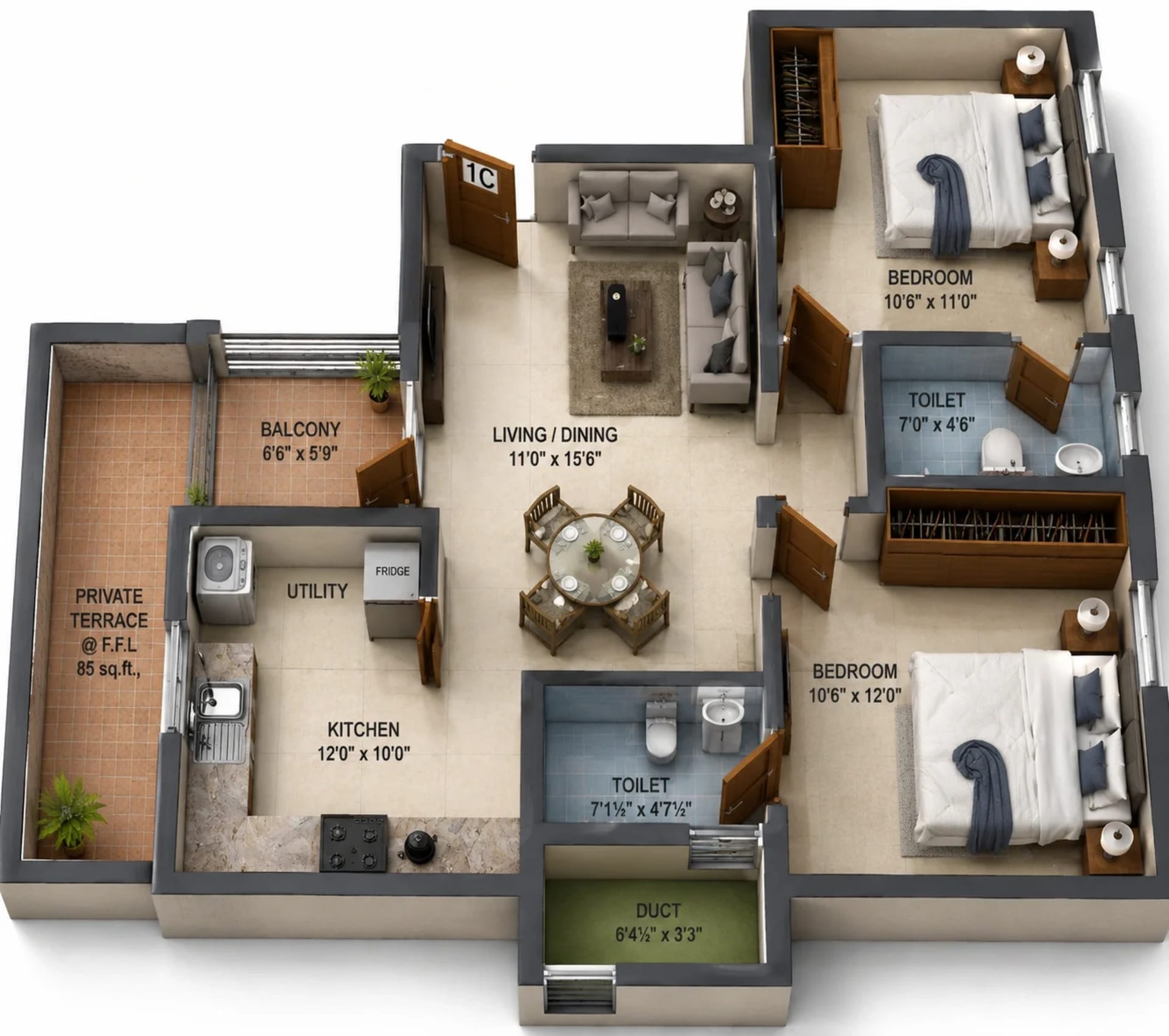 2 BHK Apartment Floor Plan – Harmony Blossoms