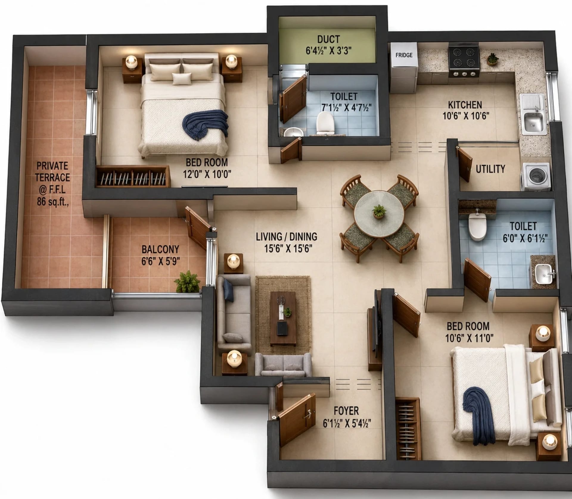 2 BHK Apartment Floor Plan – Harmony Blossoms