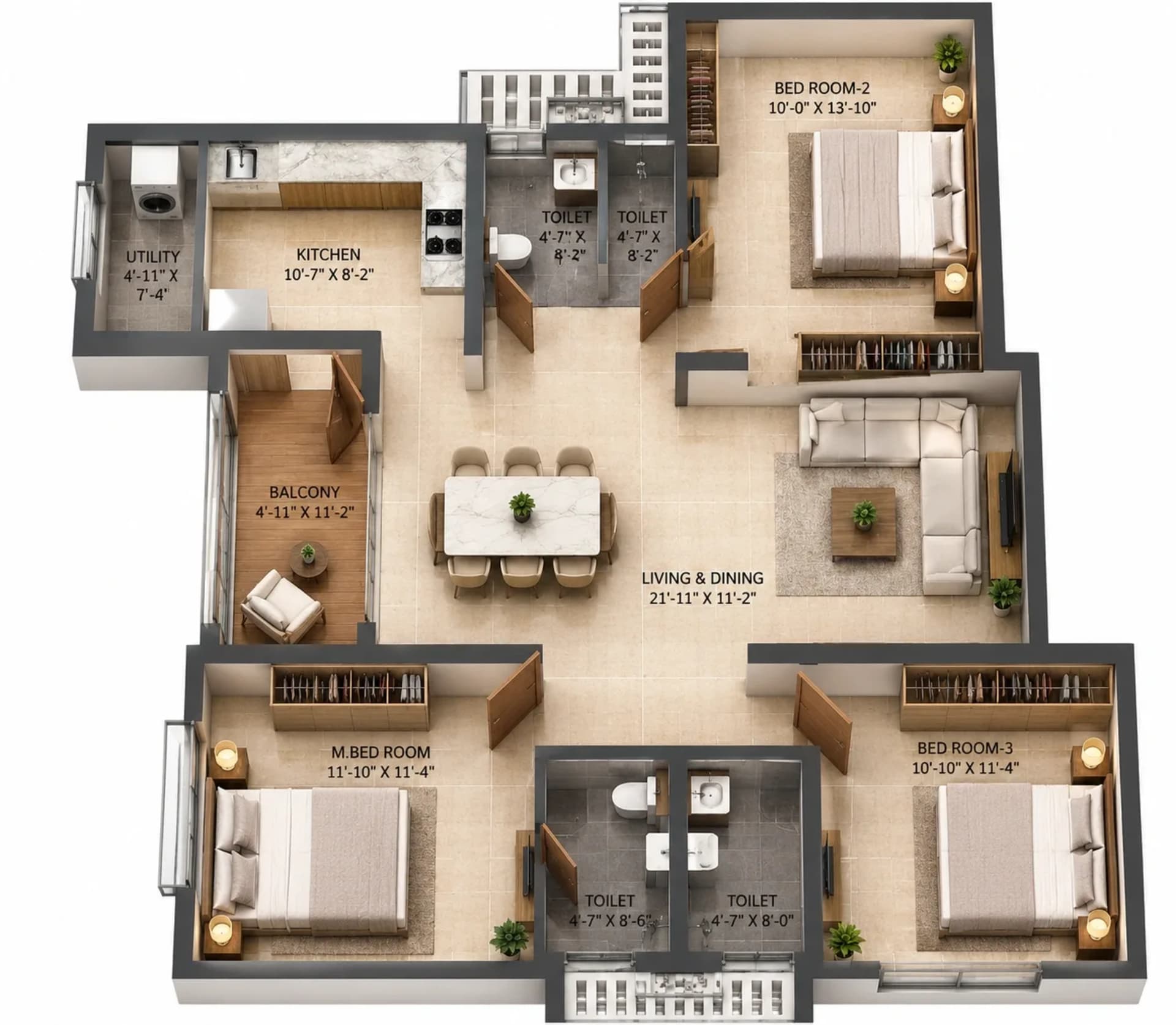 3 BHK Apartment Floor Plan – Silversky Lakeside 3