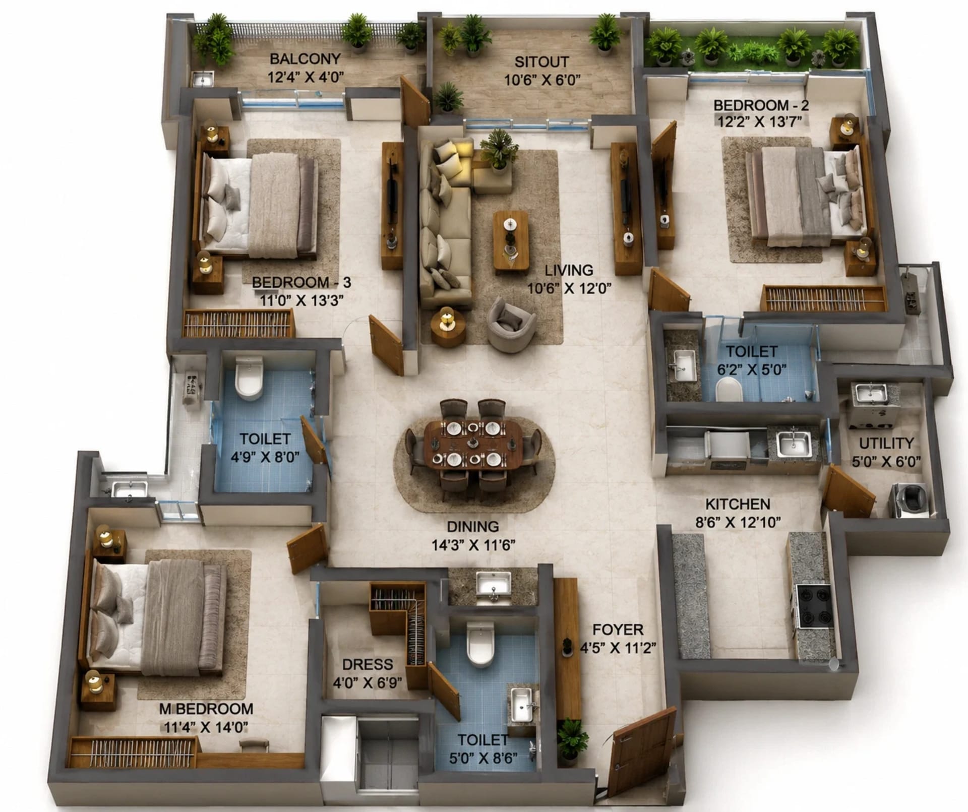 3 BHK Apartment Floor Plan – Sidharth Solitaire