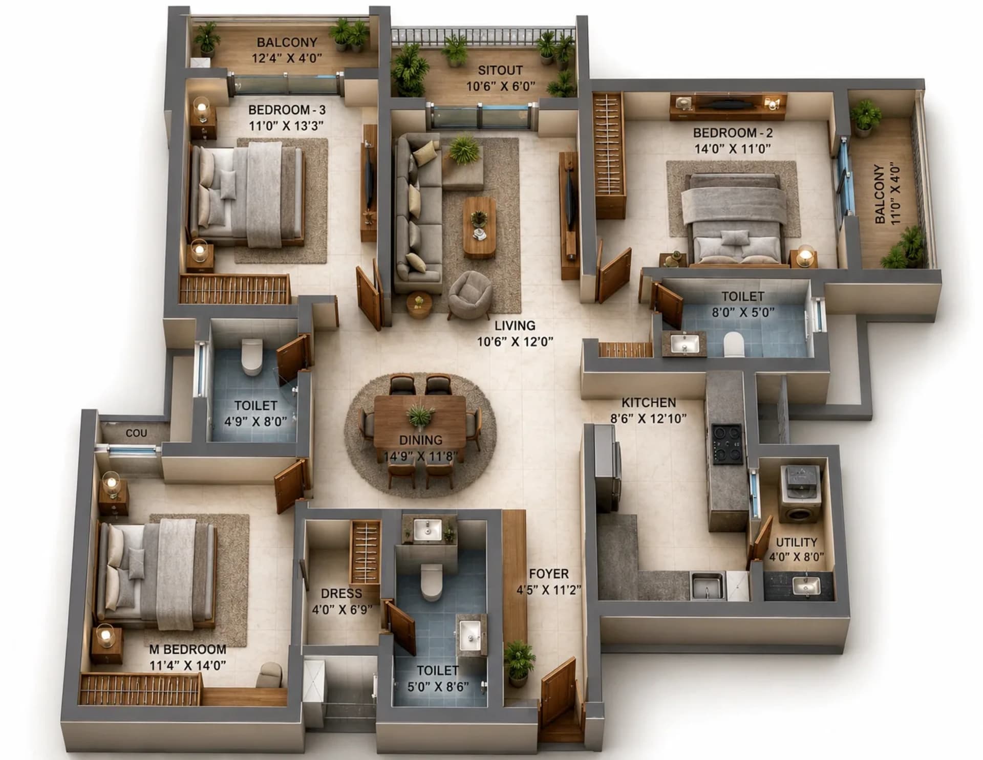 3 BHK Apartment Floor Plan – Sidharth Solitaire