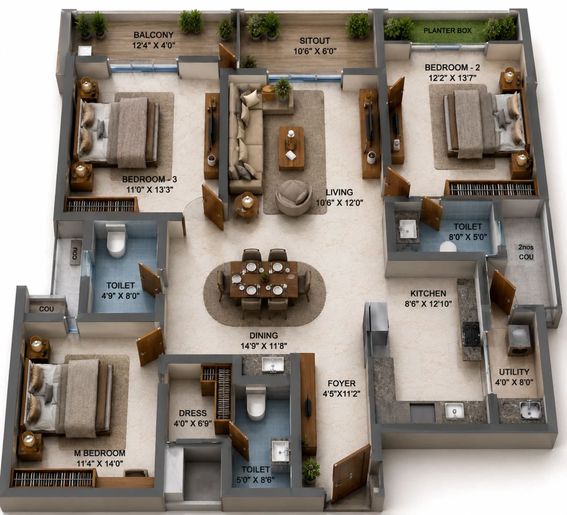 3 BHK Apartment Floor Plan – Sidharth Solitaire