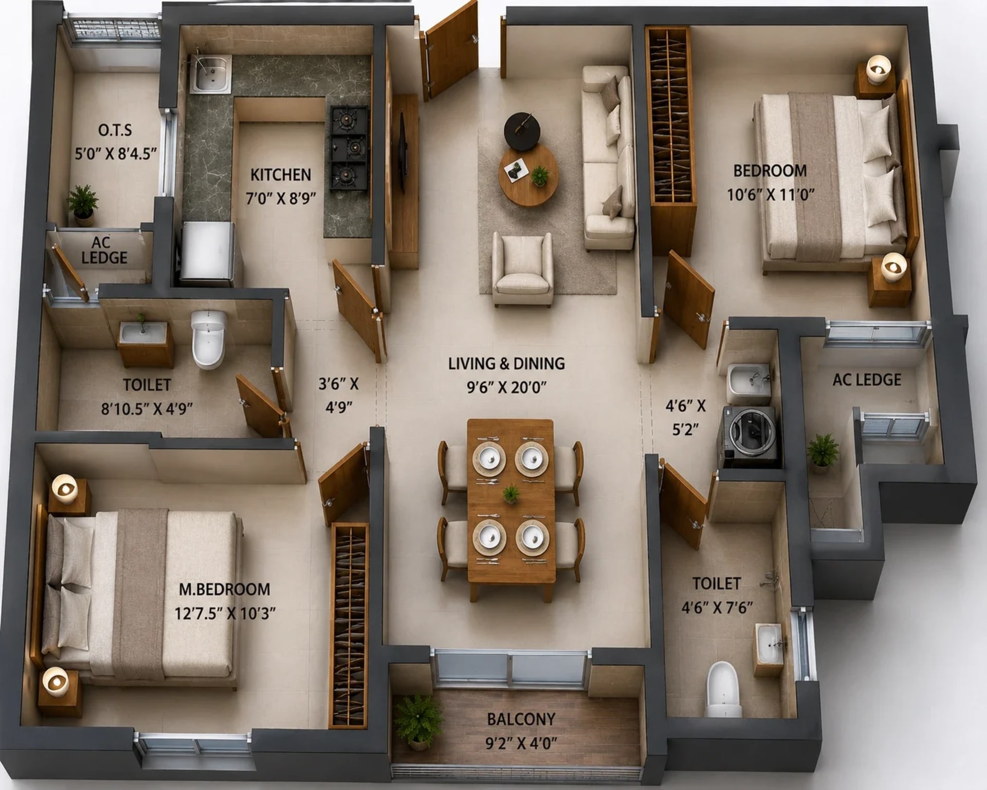 2 BHK Apartment Floor Plan – Ruby Courtyard