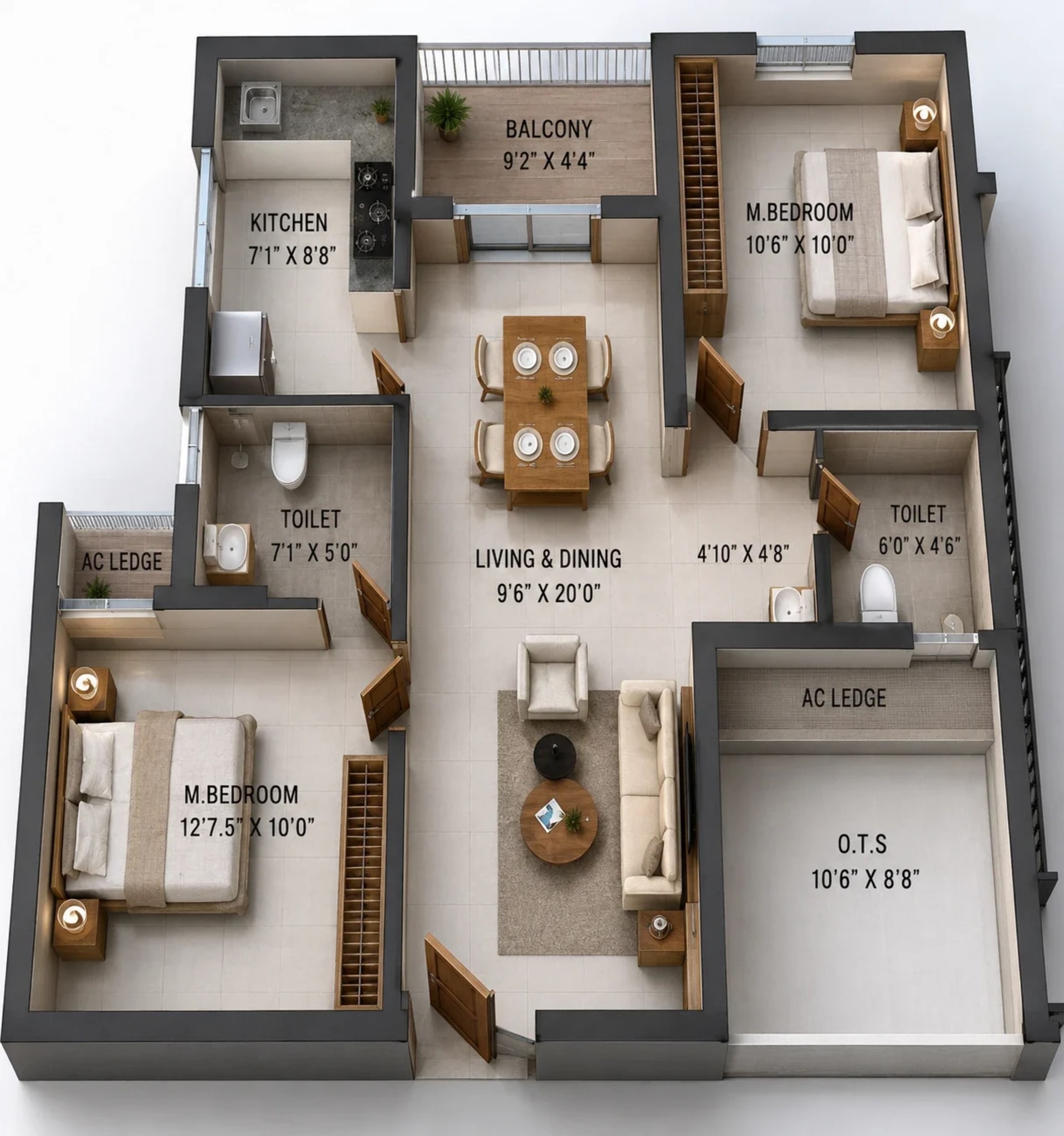 2 BHK Apartment Floor Plan – Ruby Courtyard