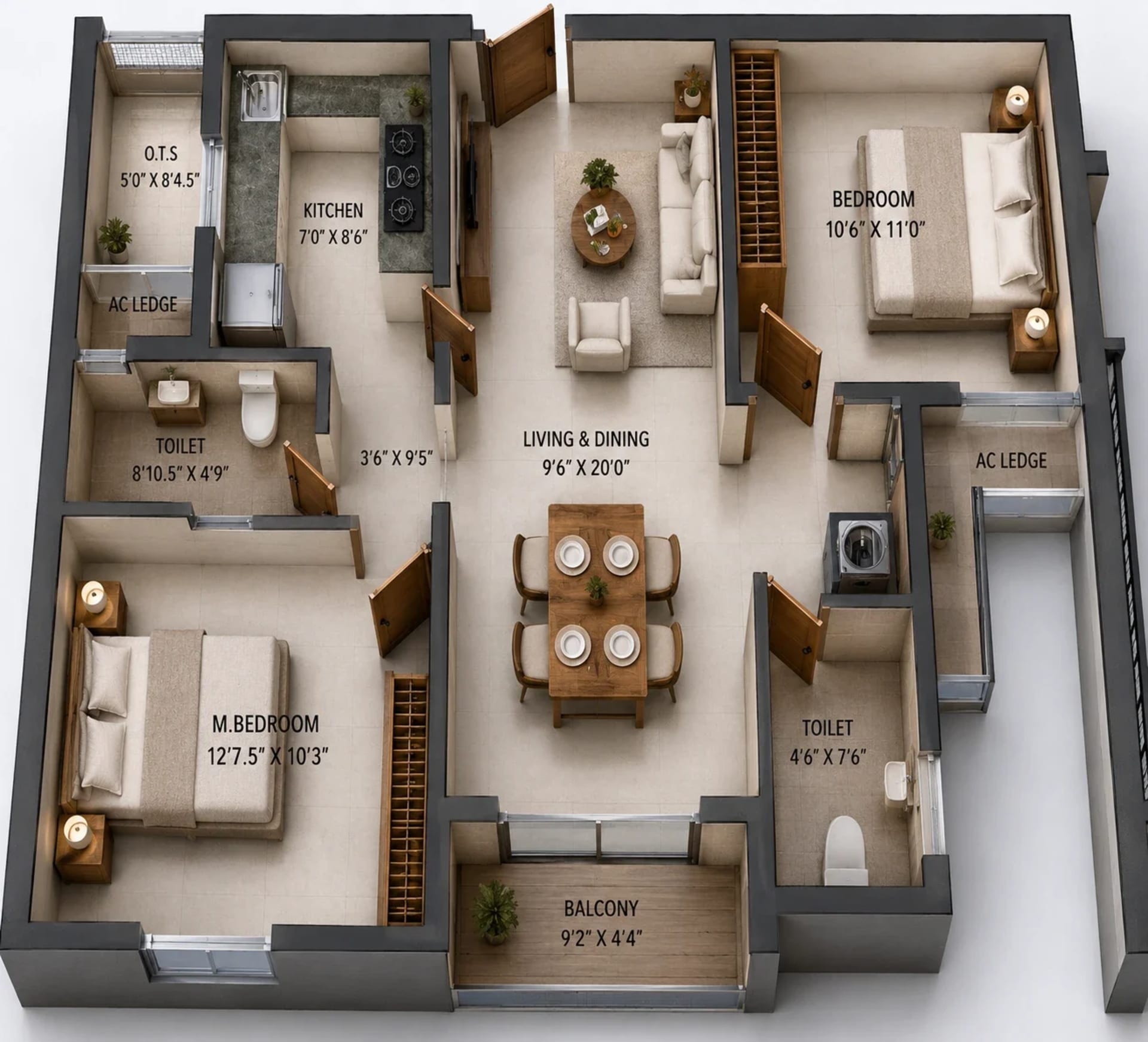 2 BHK Apartment Floor Plan – Ruby Courtyard