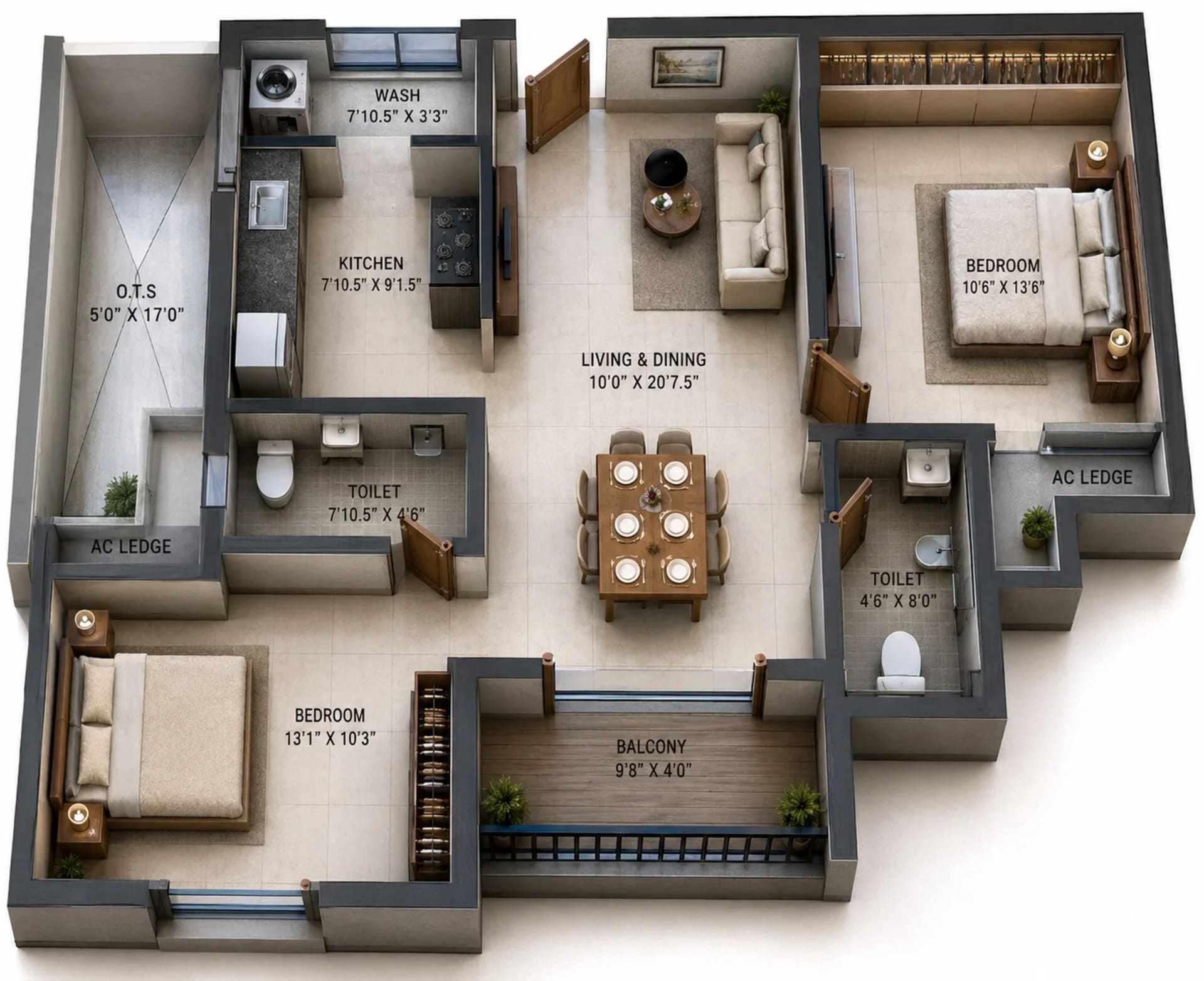2 BHK Apartment Floor Plan – Ruby Courtyard