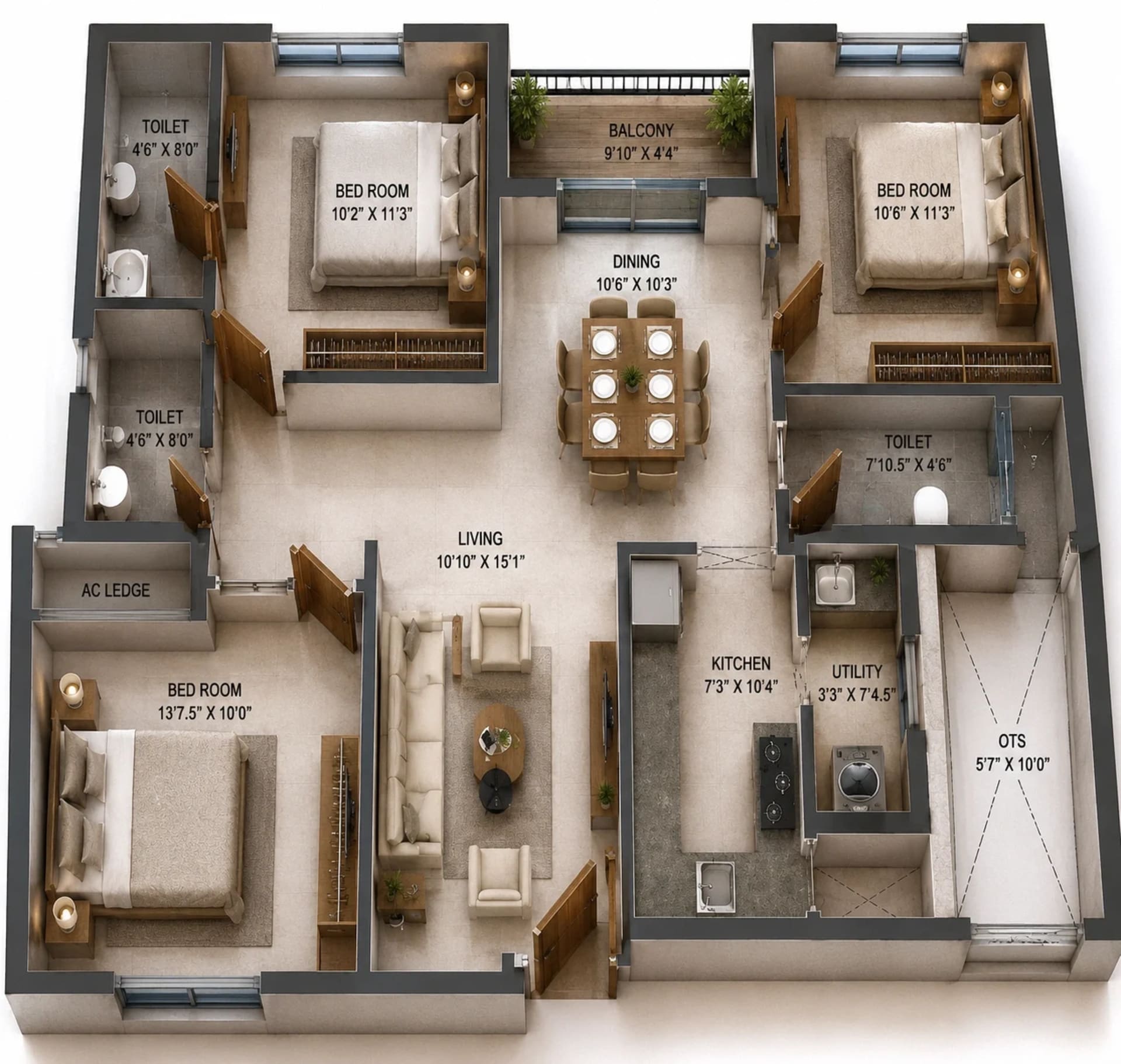 3 BHK Apartment Floor Plan – Ruby Courtyard