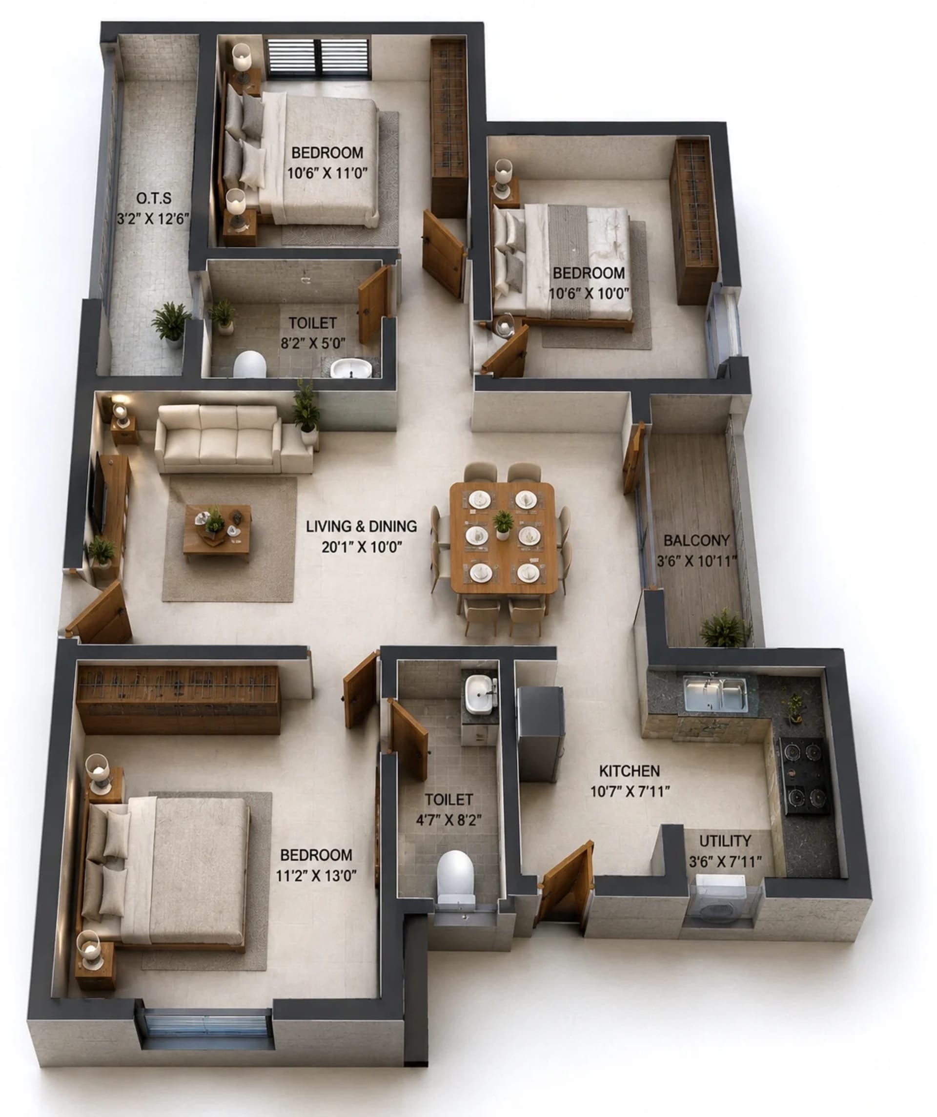 3 BHK Apartment Floor Plan – Ruby Courtyard