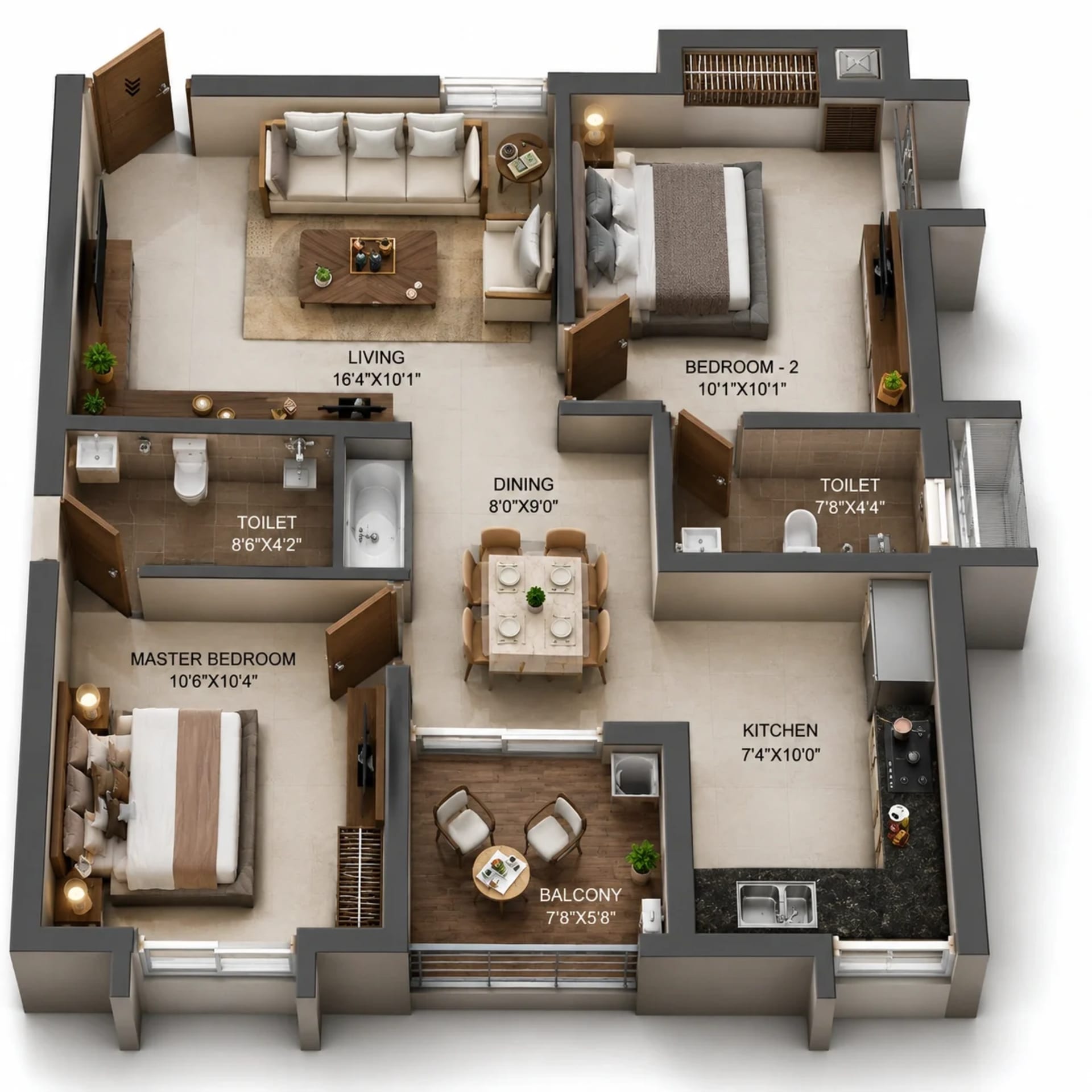 2 BHK Apartment Floor Plan – RLD Aura