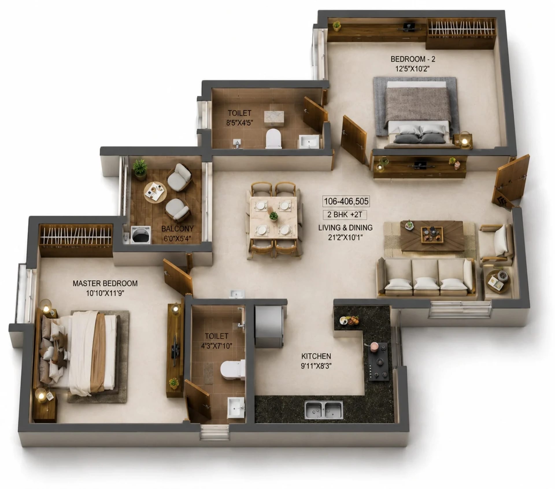 2 BHK Apartment Floor Plan – RLD Aura