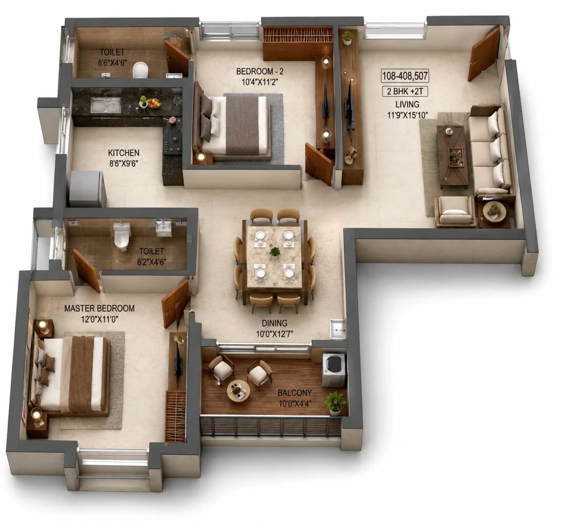 2 BHK Apartment Floor Plan – RLD Aura