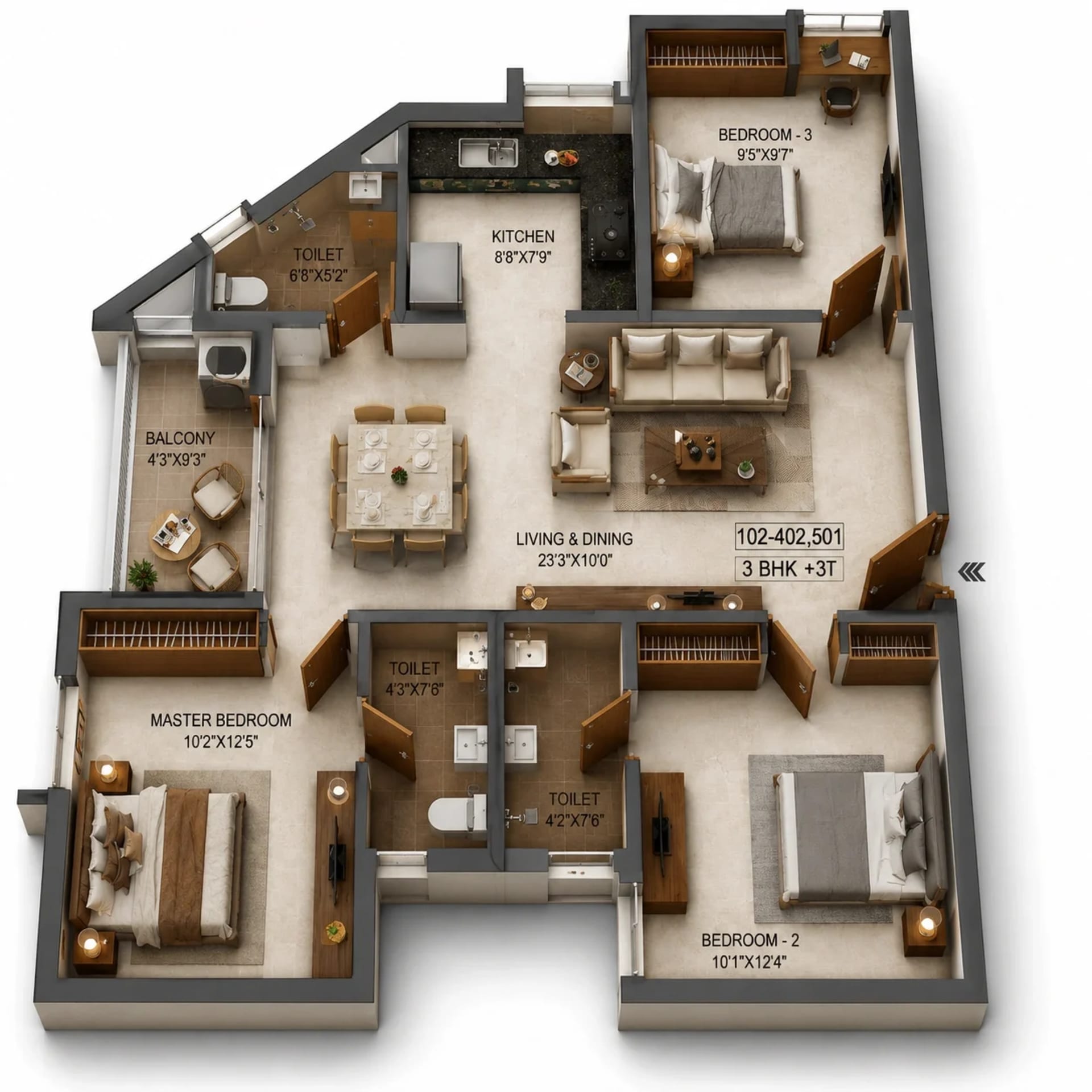 3 BHK Apartment Floor Plan – RLD Aura