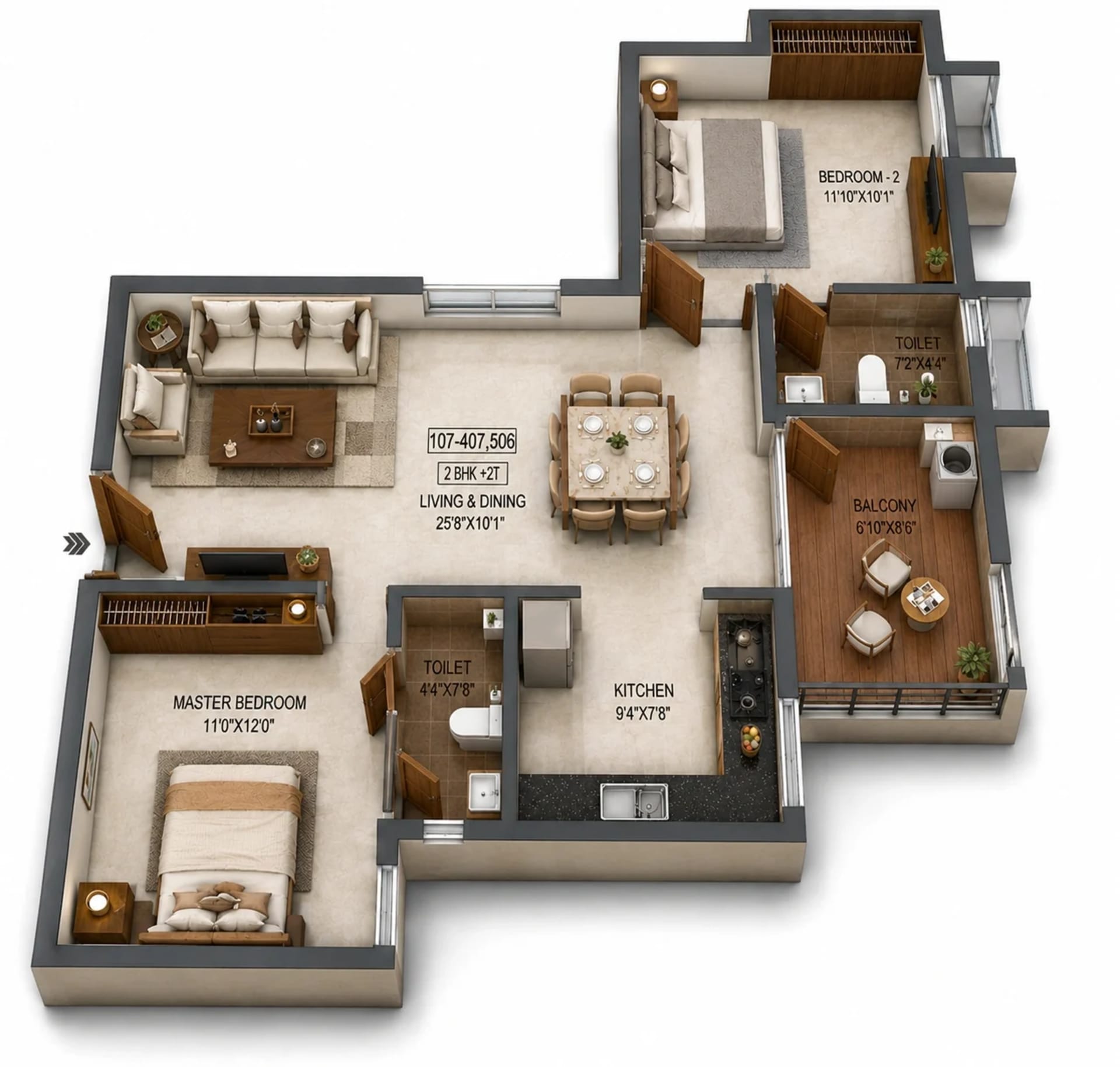 2 BHK Apartment Floor Plan – RLD Aura