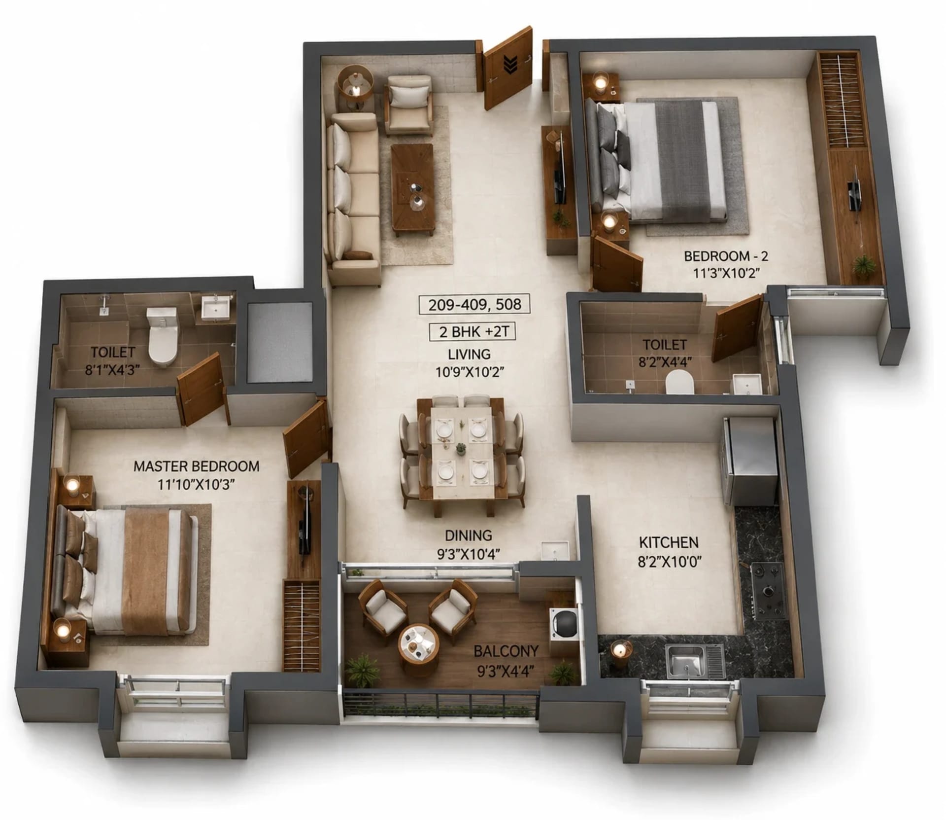 2 BHK Apartment Floor Plan – RLD Aura